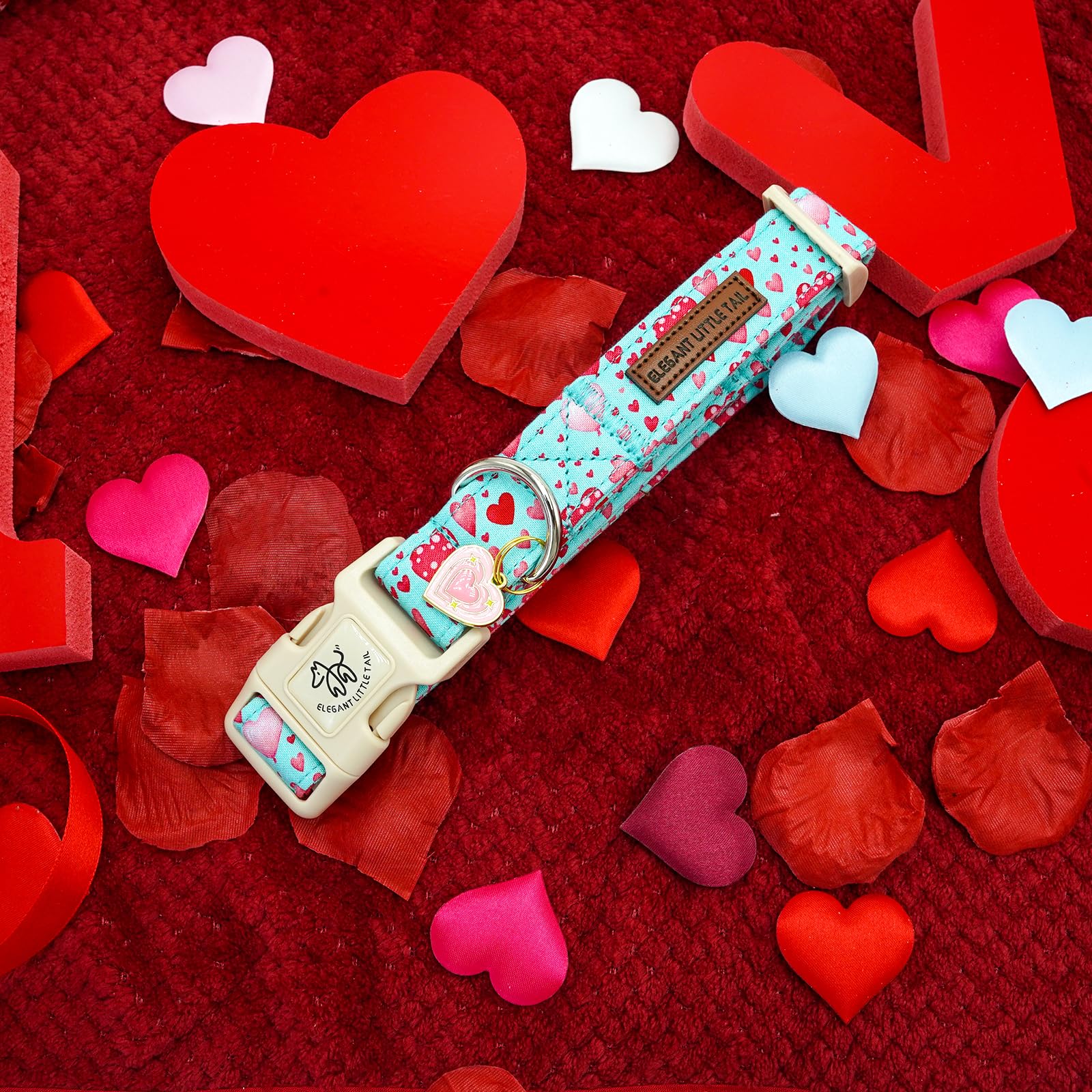 Elegant Little Tail Dog Collar, Pink Heart Dog Collar For Medium Dogs, Female Or Male Adjustable Cotton Pet Collar With Quick Re