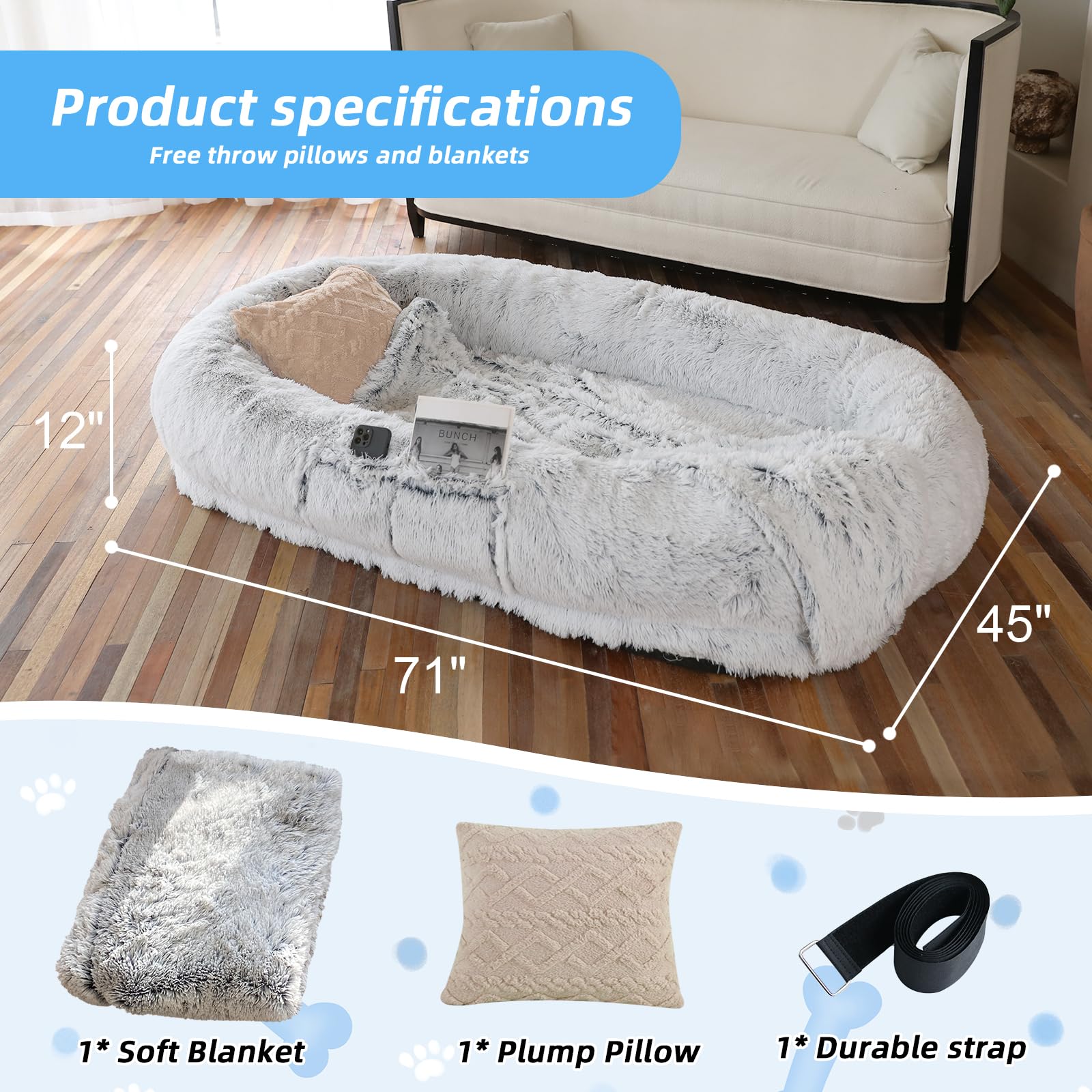 Wros Human Dog Bed, 71''X45''X12'' Size Fits You And Pets, Washable Faux Fur Dog Bed For People Doze Off, Napping Orthopedic Dog
