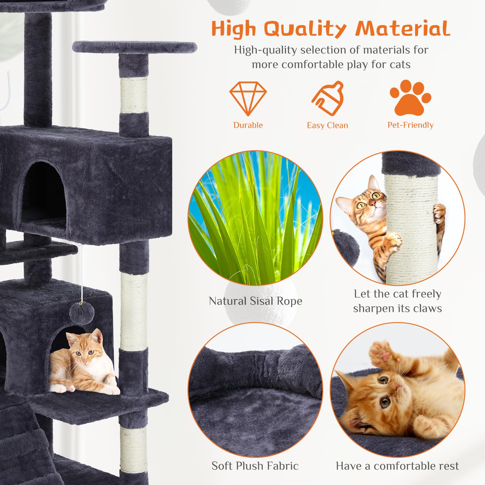 Fluffydream Cat Tree Tower For Indoor Cats, 54 Inches Multi-Level Activity Cat Tree With Sisal Scratching Posts Cat Play House C