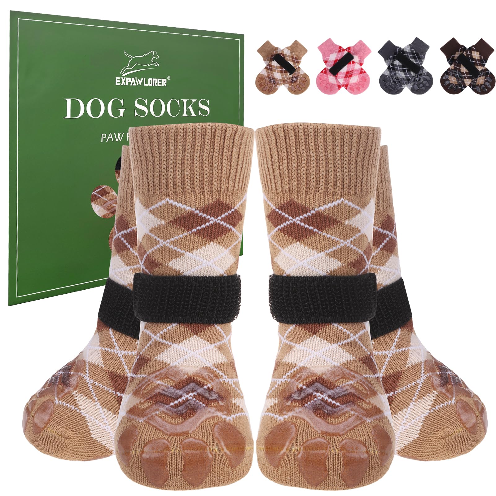 EXPAWLORER Dog Socks to Prevent Licking Paws,4 Pcs Double Sided Anti Slip Dog Socks with Grippers for Hardwood Floors,Dog Shoes 