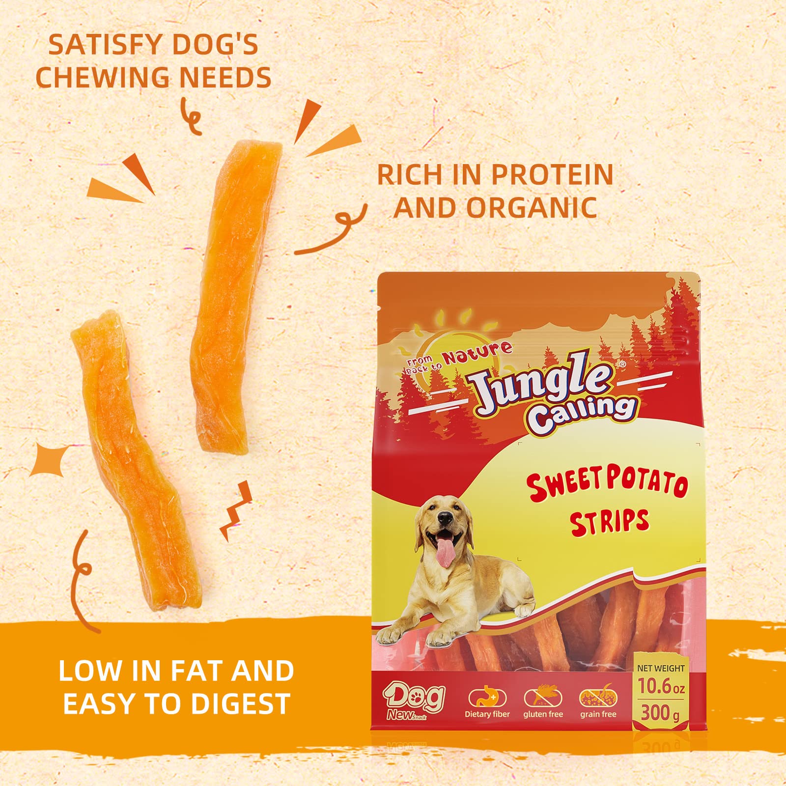 Jungle Calling Natural Sweet Potato Dog Treats, Low Fat Chews, 10.6 oz, Ideal Training Snacks for Dogs