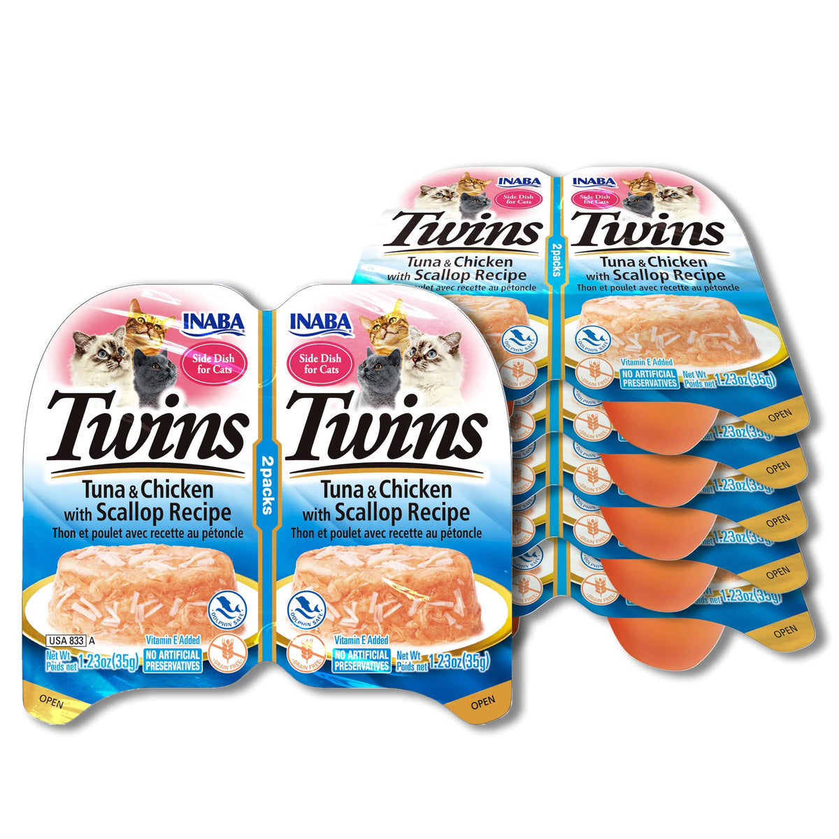 Inaba Twins For Cats, Grain-Free Shredded Chicken & Broth Gelée Side Dish/Complement/Topper Cups, 1.23 Ounces Per Serving, 14.76 Ounces Total (12 Servings), Tuna & Chicken With Scallop Recipe