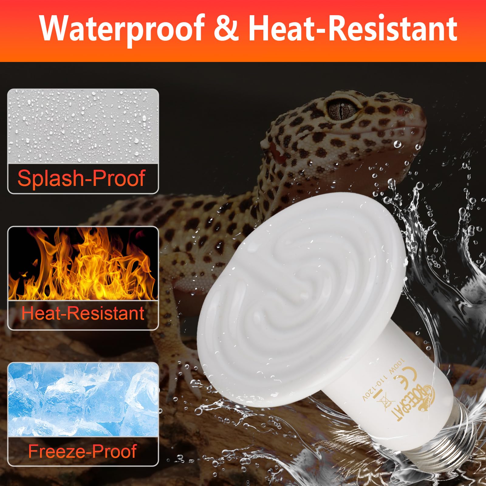 BOEESPAT High Efficiency 60W Ceramic Heat Emitters, Pack of 2 Reptile Heat Lamp Bulbs for Bearded Dragon, Lizard, Geckos, Iguana