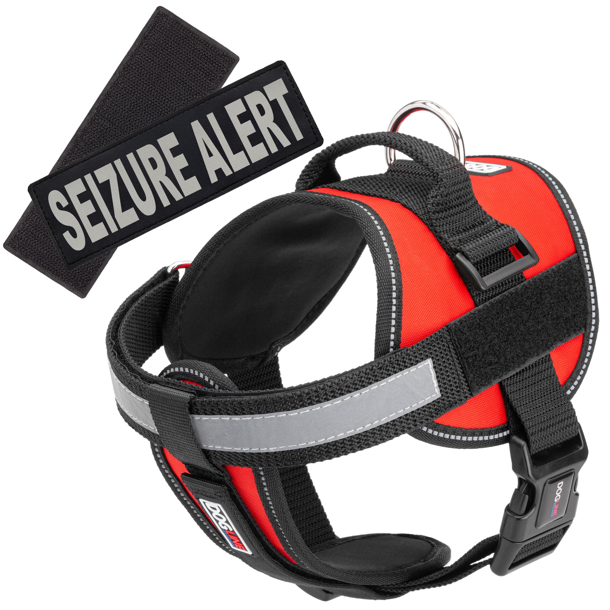 Dogline Unimax Multi-Purpose Vest Harness For Dogs And 2 Removable Seizure Alert Patches, Medium, Red