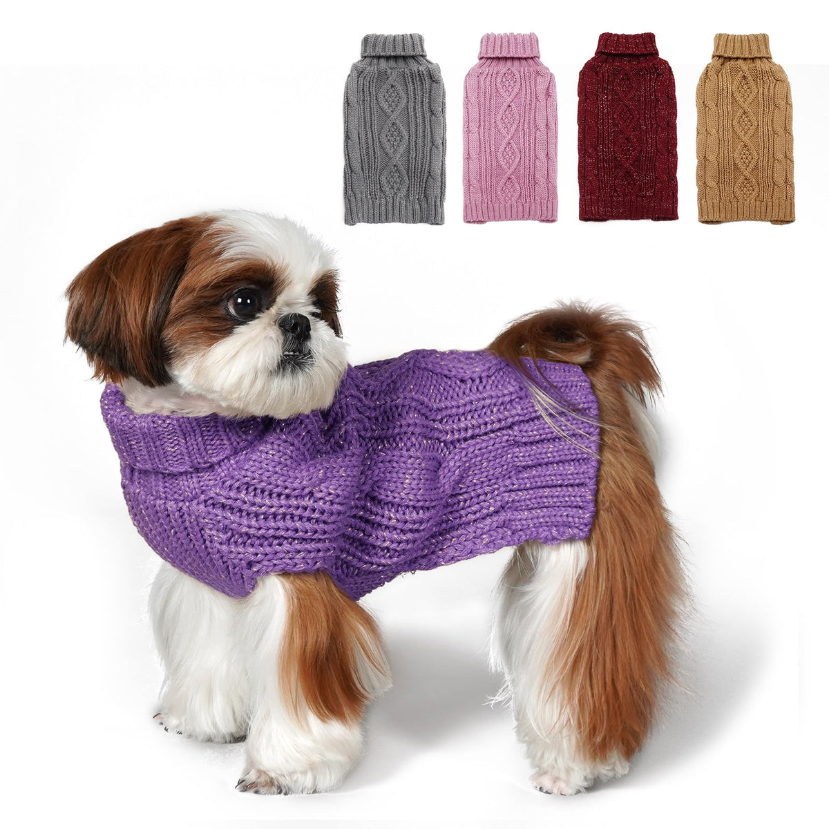 Kyeese Dog Sweaters For Small Dogs With Golden Thread Turtleneck Dog Cable Knit Pullover Sweaters For Cold Weather, Purple, Smal