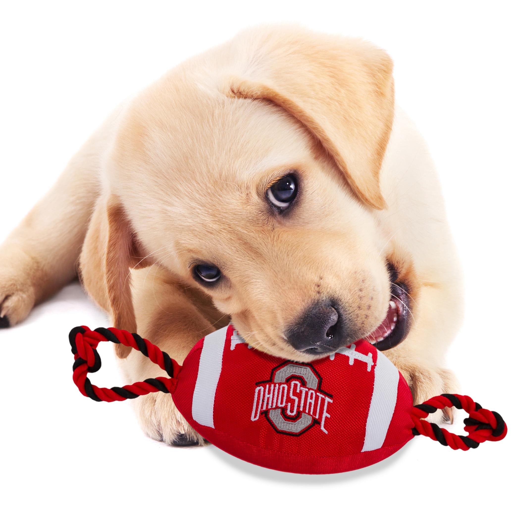 Pets First NCAA Ohio State Buckeyes Football Dog Toy, Tough Quality Nylon Materials, Strong Pull Ropes, Inner Squeaker, Collegia