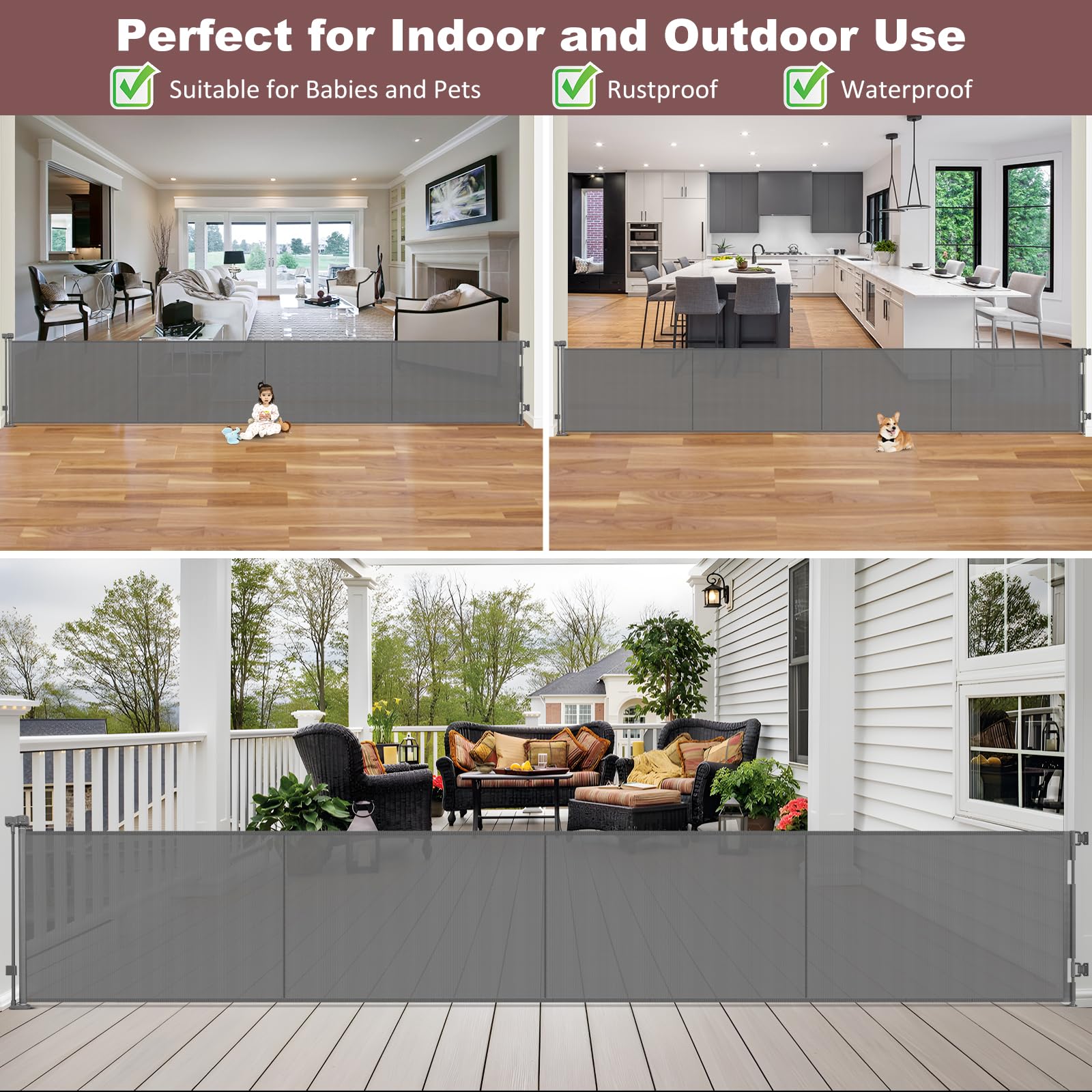 GRENFU Retractable Dog Gate - 41" Tall x 200" Wide, Gray, Extra Wide Indoor/Outdoor Baby Fence with Support Rods, Model TH-A131