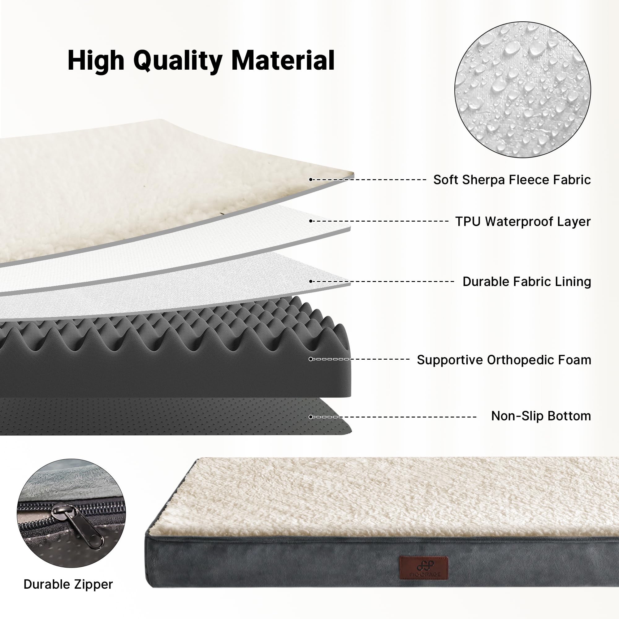 Figopage Large Orthopedic Dog Bed, Waterproof & Washable, 41"x27", Grey, Anti-Slip Bottom, Perfect for Crate Use