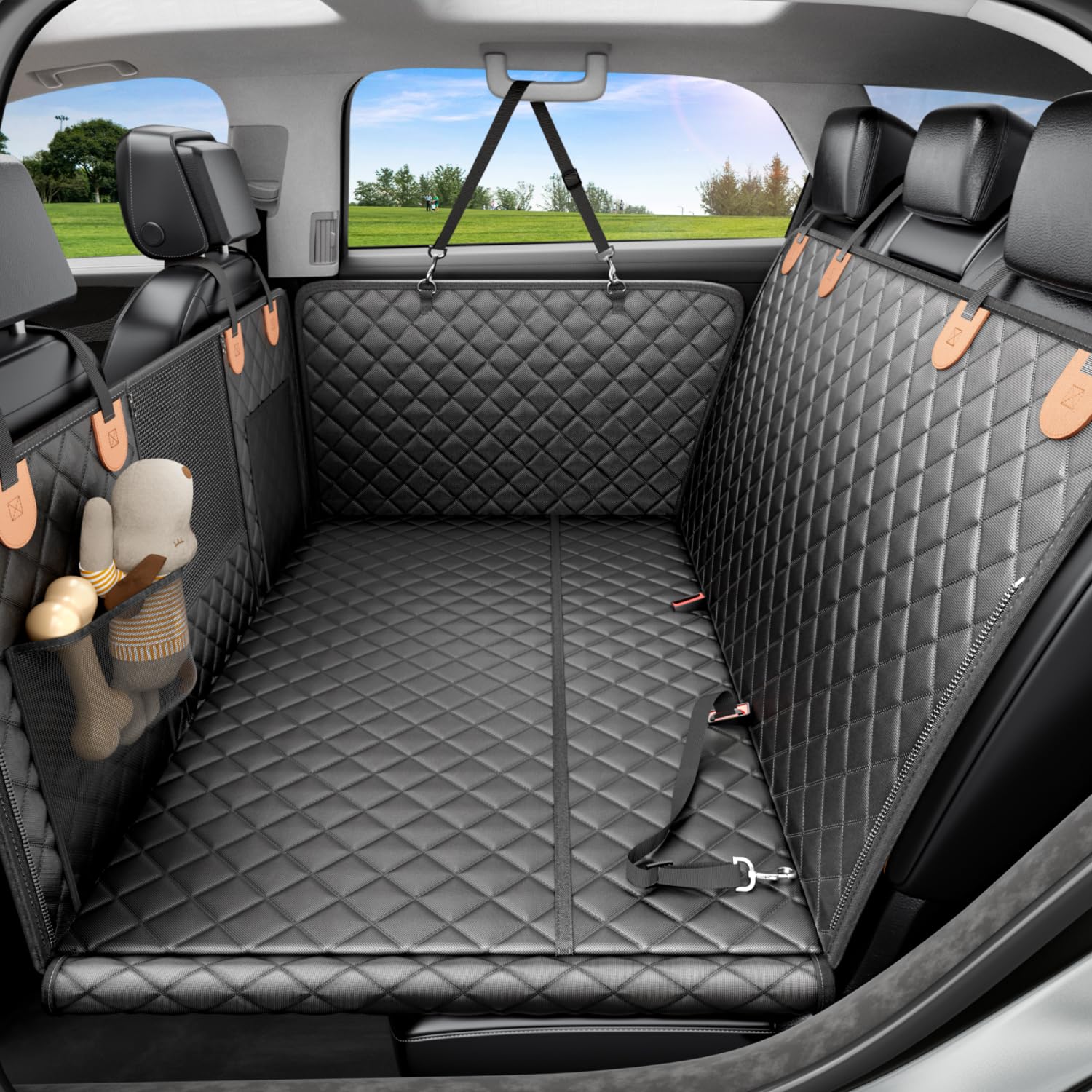 Reevaa Dog Car Seat Cover For Back Seat, Hard Bottom Dog Hammock, Pet Bed Extender For 2-4 Large/Medium Dogs, Ruff Waterproof Se