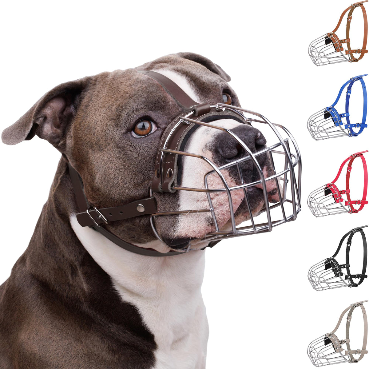 Bronzedog Pitbull Dog Muzzle Breathable Metal Basket For Large Dogs Amstaff Staffordshire Terrier Biting Chewing Barking (Leather, Dark Brown)