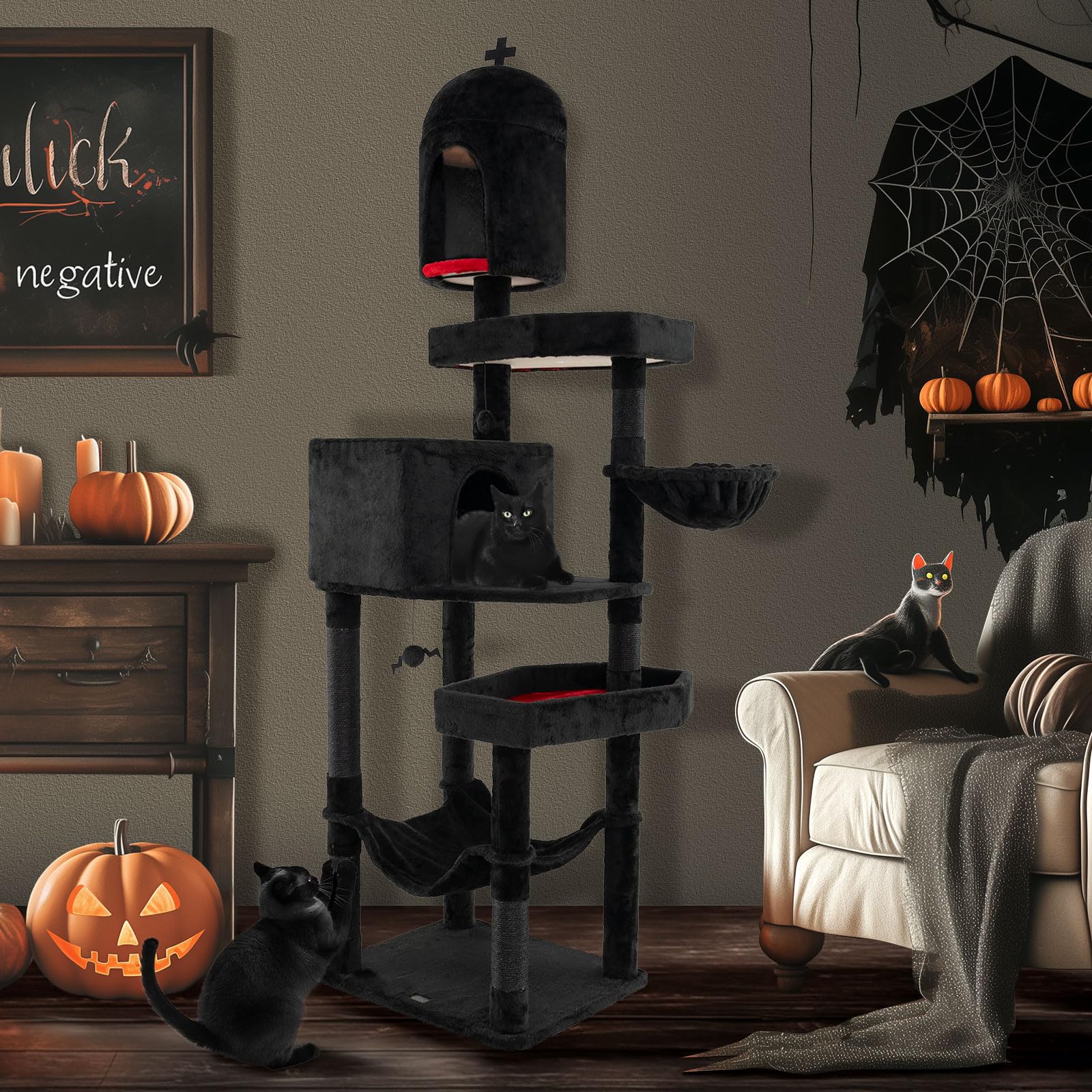 Petsite 83 Inch Tall Gothic Cat Tree, Multi-Level Halloween Cat Tower With Coffin Beds, Scratching Posts, 2 Cat Condos, Dangling