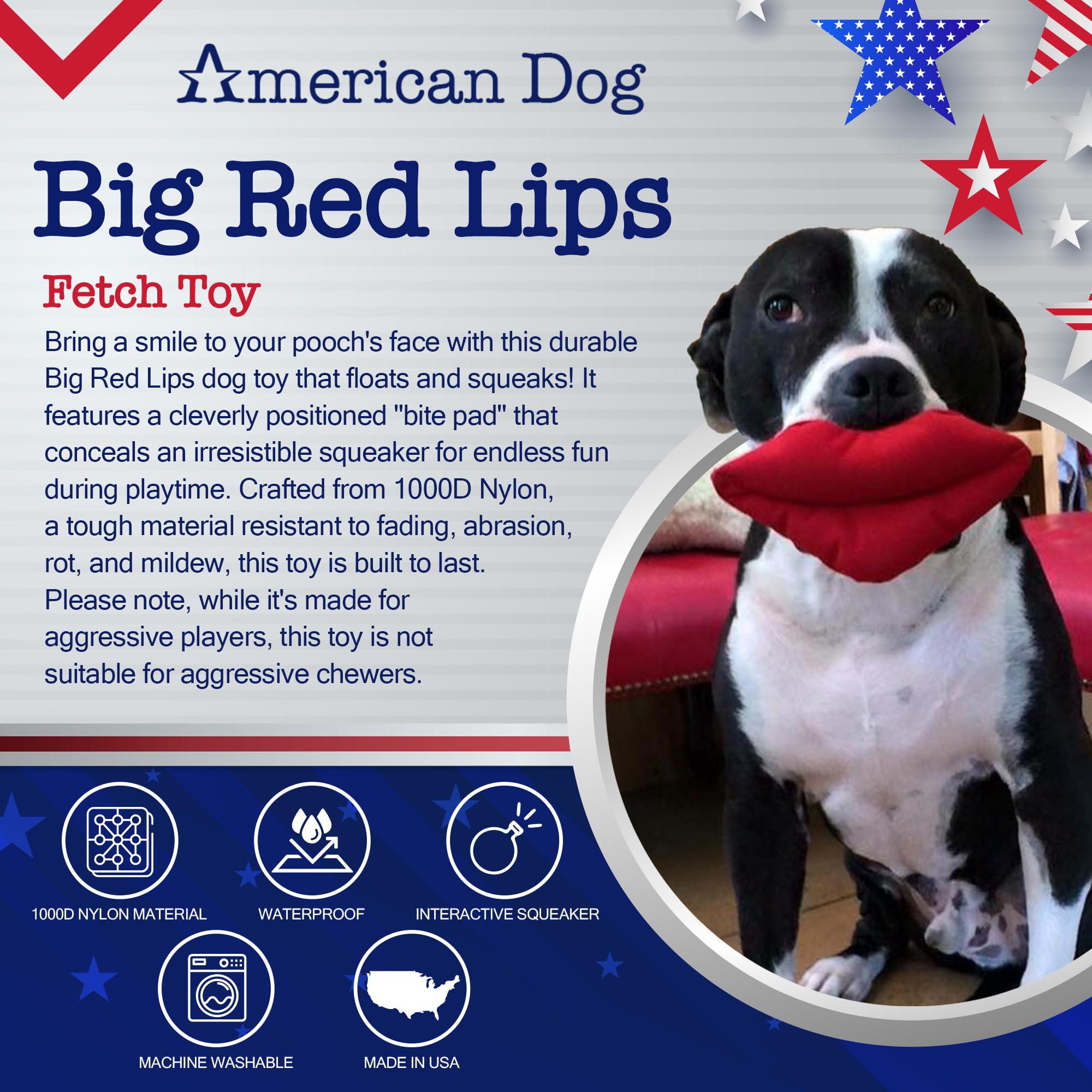 American Dog Big Red Lips - Durable Fetch Dog Toy Made In Usa From Pet-Safe, Machine-Washable 1000D Nylon Material With Squeaker