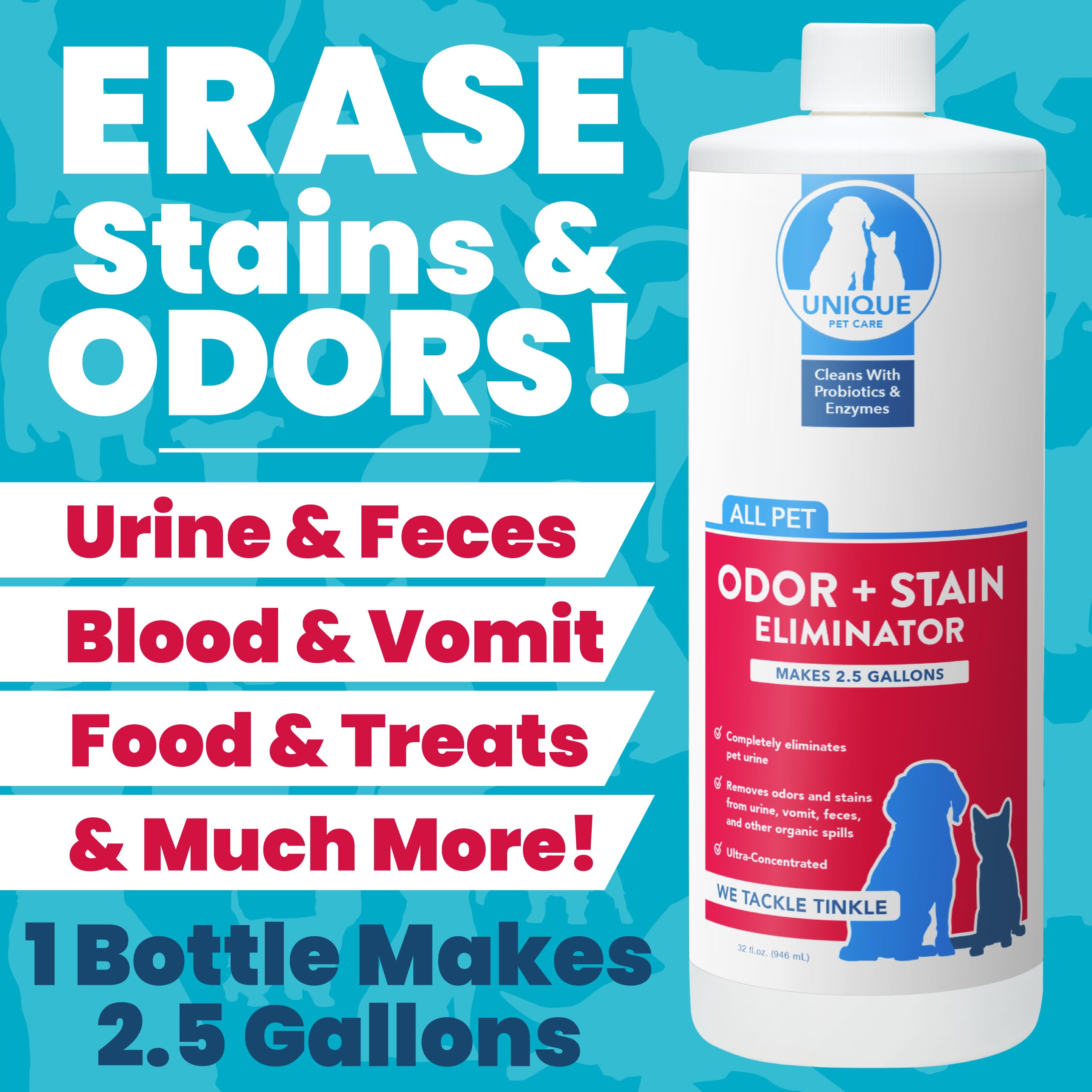Unique Pet Odor And Stain Eliminator Liquid Concentrate - Makes Over 2.5 Gallons - Eliminates Pet Odors And Stains (32 Oz)