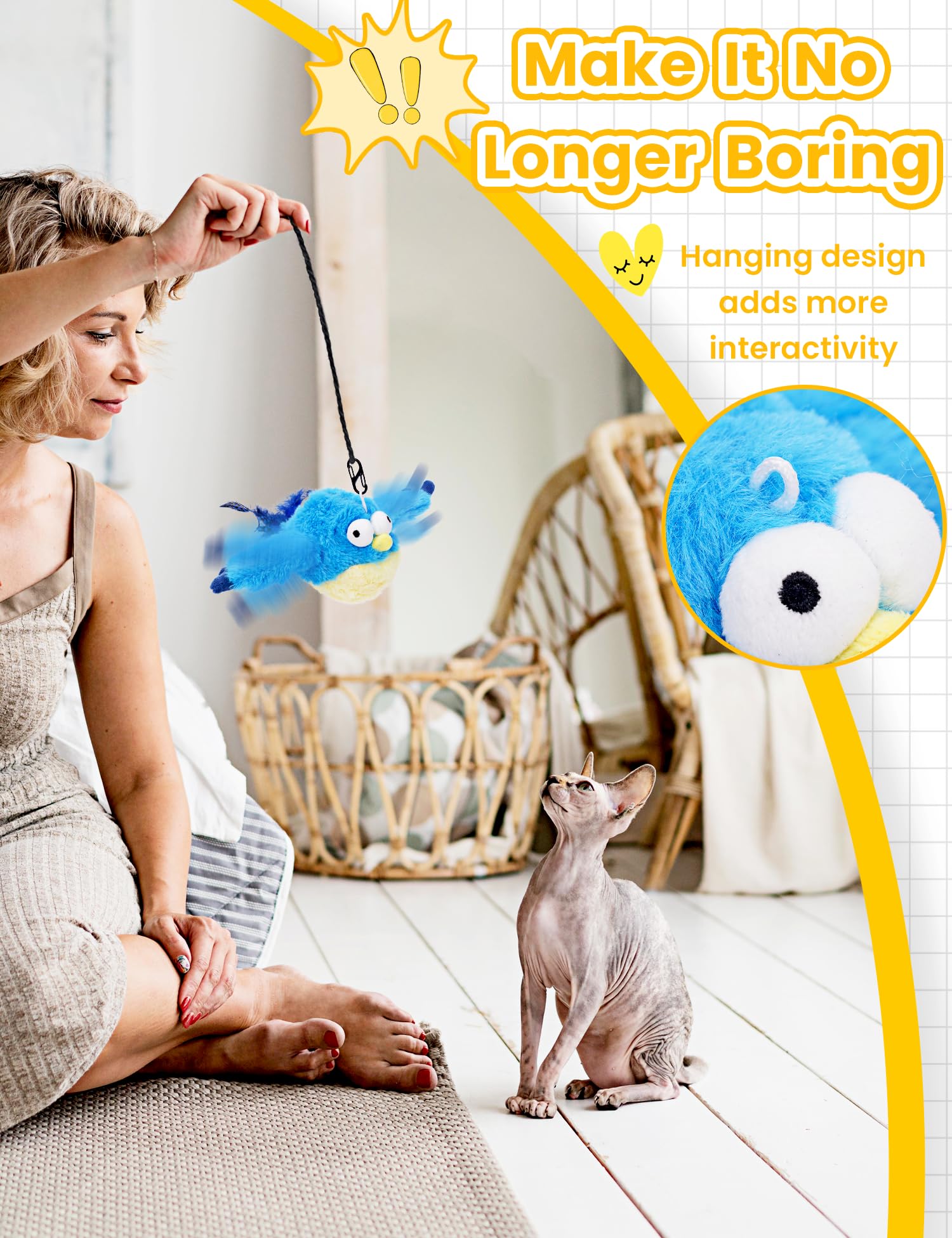 Eisfiel Flapping Bird Cat Toy, No Flying, Chirping Bird Cat Toy Flapping Wings, Interactive Toy For Kitten Or Small Dogs, Touch