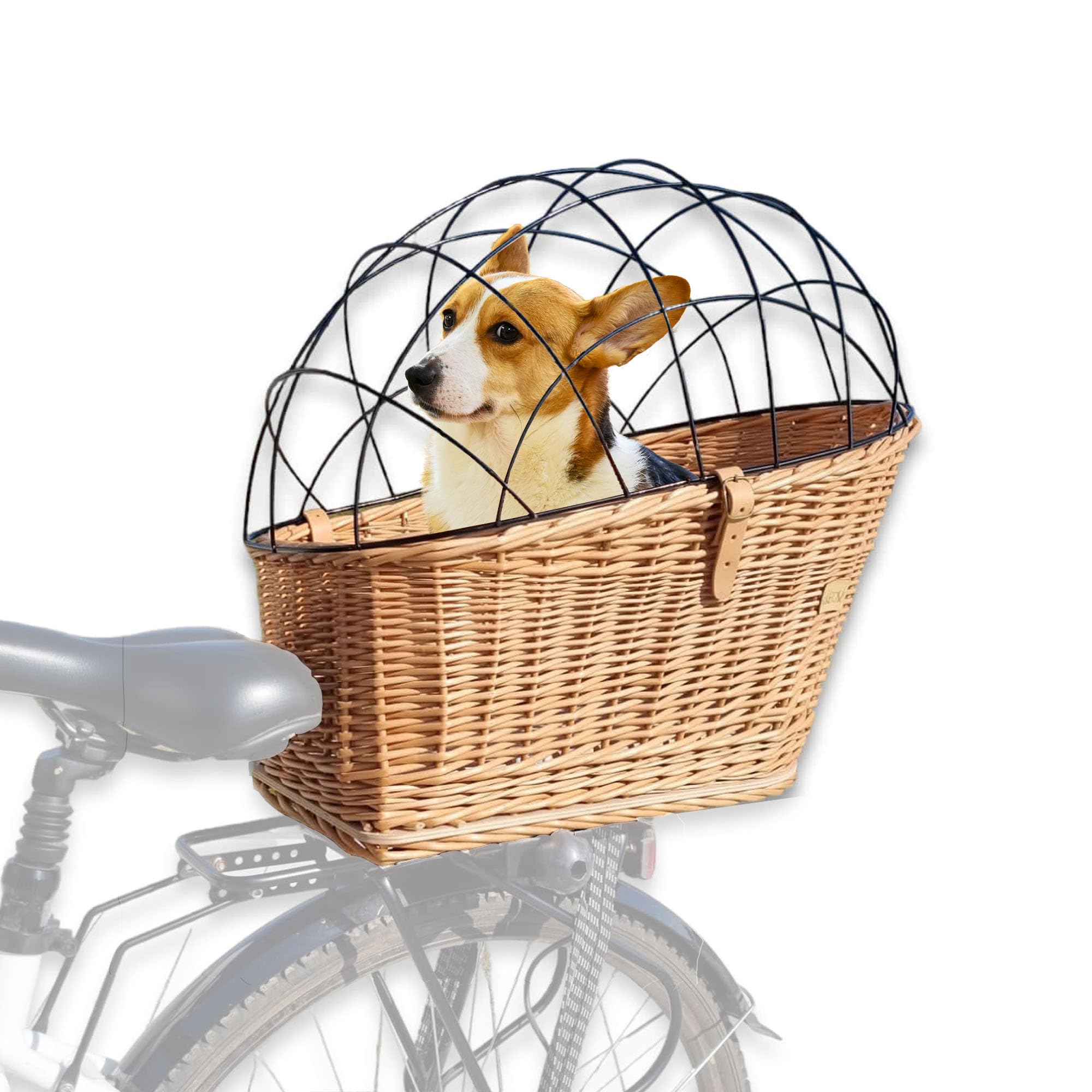 Wiklibox Natural Wicker Dog Bike Basket - 100% Organic Rattan Pet Carrier With Protective Grille - Eco Friendly Design - Soft Co
