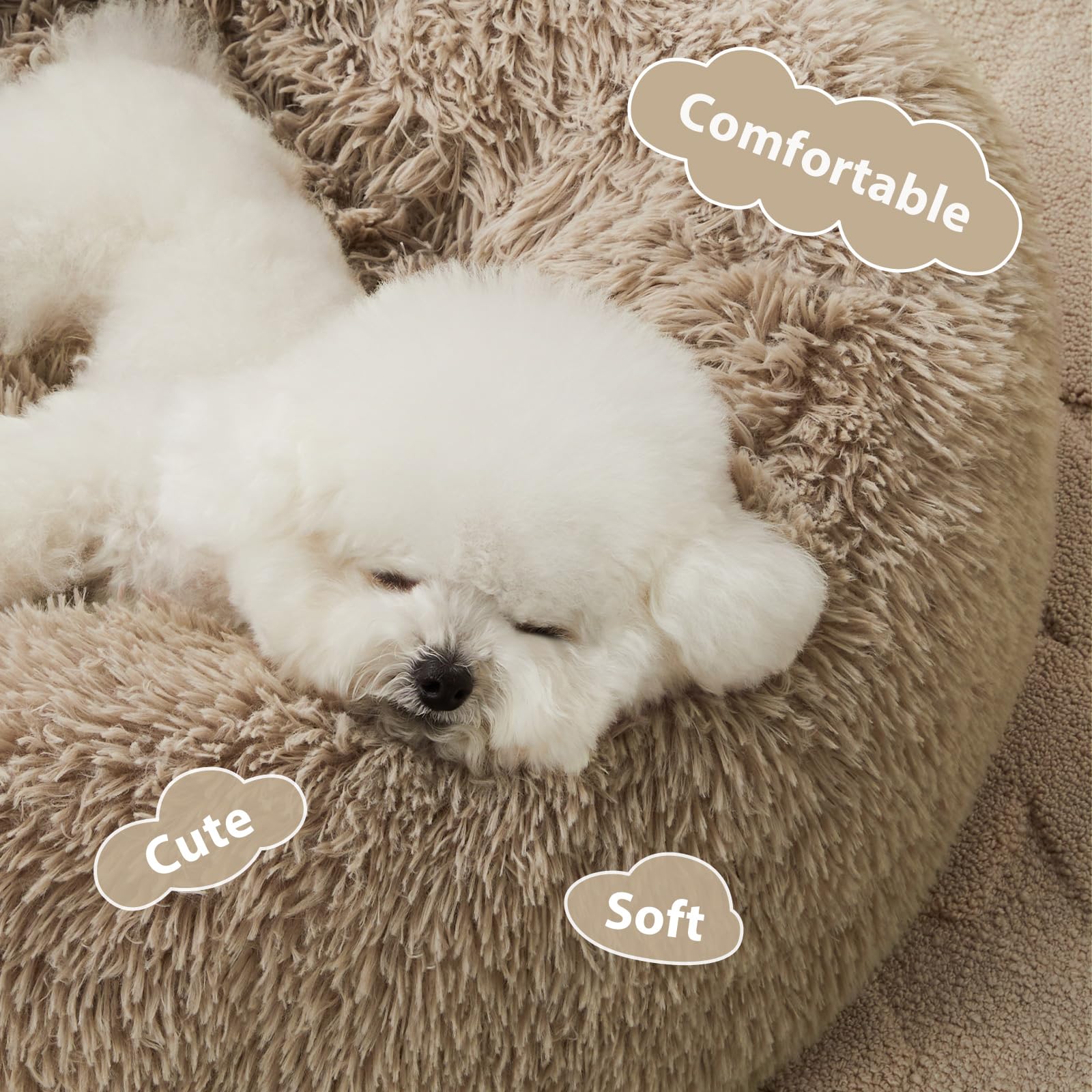 WNPETHOME Calming Dog Bed & Cat Bed,Small Dog Bed Donut Design Faux Fur Anti-Anxiety Dogs Beds,Fluffy Pet Cushion Pet Beds for S