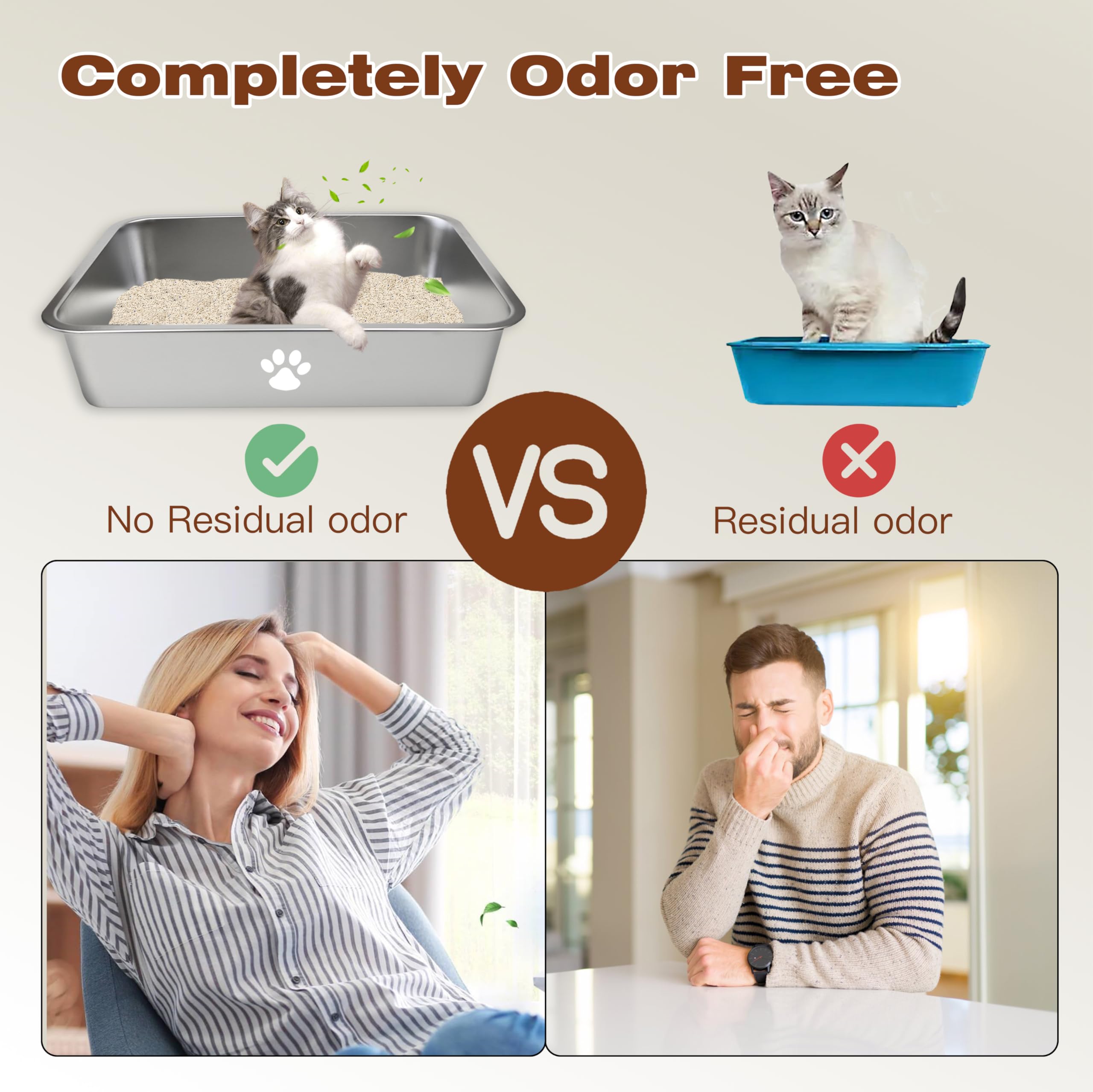 Stainless Steel Cat Litter Box - Metal High Sided Cat Litter Pan,Large Stainless Steel Box,Smooth Surface,Rust Proof,Non-Stick,