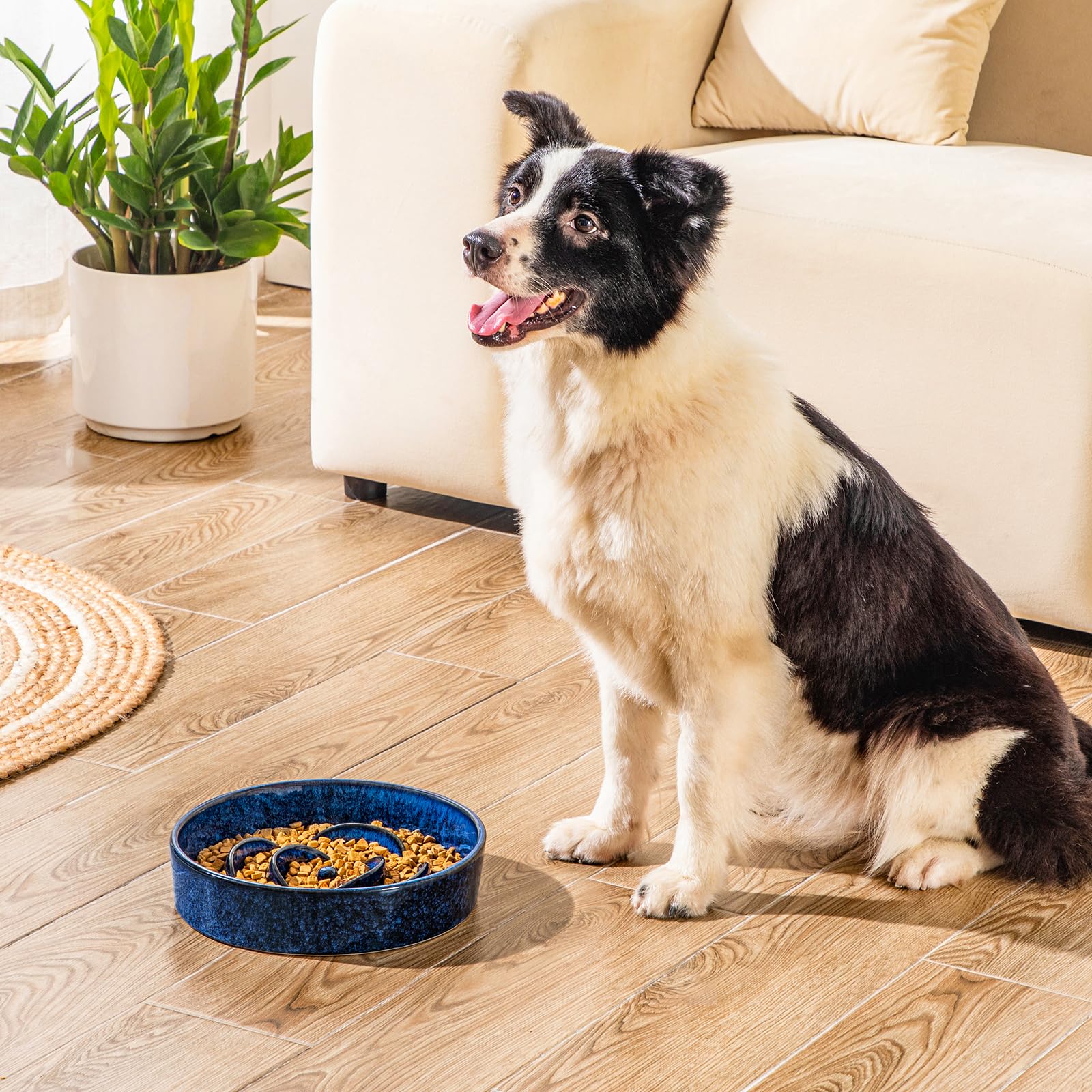 vancasso Slow Feeder Dog Bowl, 3 Cups Ceramic Slow Feeder for Large Breed, Puzzle Maze Dog Food Bowl for Fast Eater, Blue