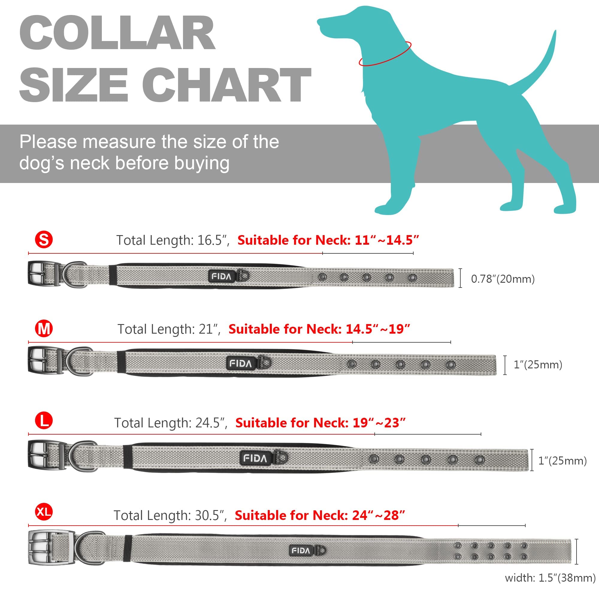 Fida Heavy Duty Dog Collar, Ultra Comfortable Soft Neoprene Padded, Adjustable Reflective Nylon Pet Collar With Durable Metal Belt Buckle For Medium Breeds (M, Grey)