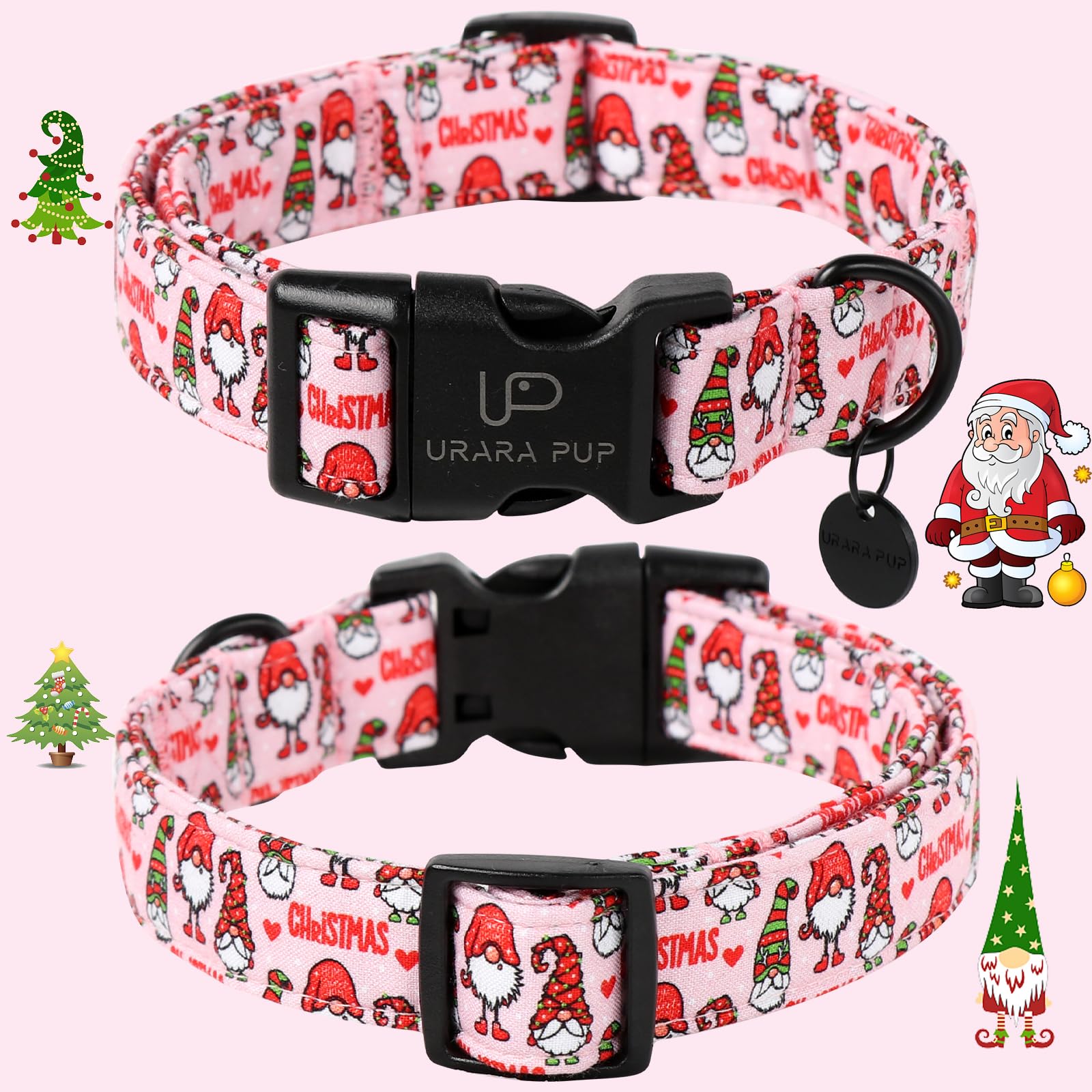 Up Urara Pup Christmas Dog Collar, Cotton Pink Christmas Collar For Medium Girl Boy Dog, Comfortable Dog Collar With Durable Buc