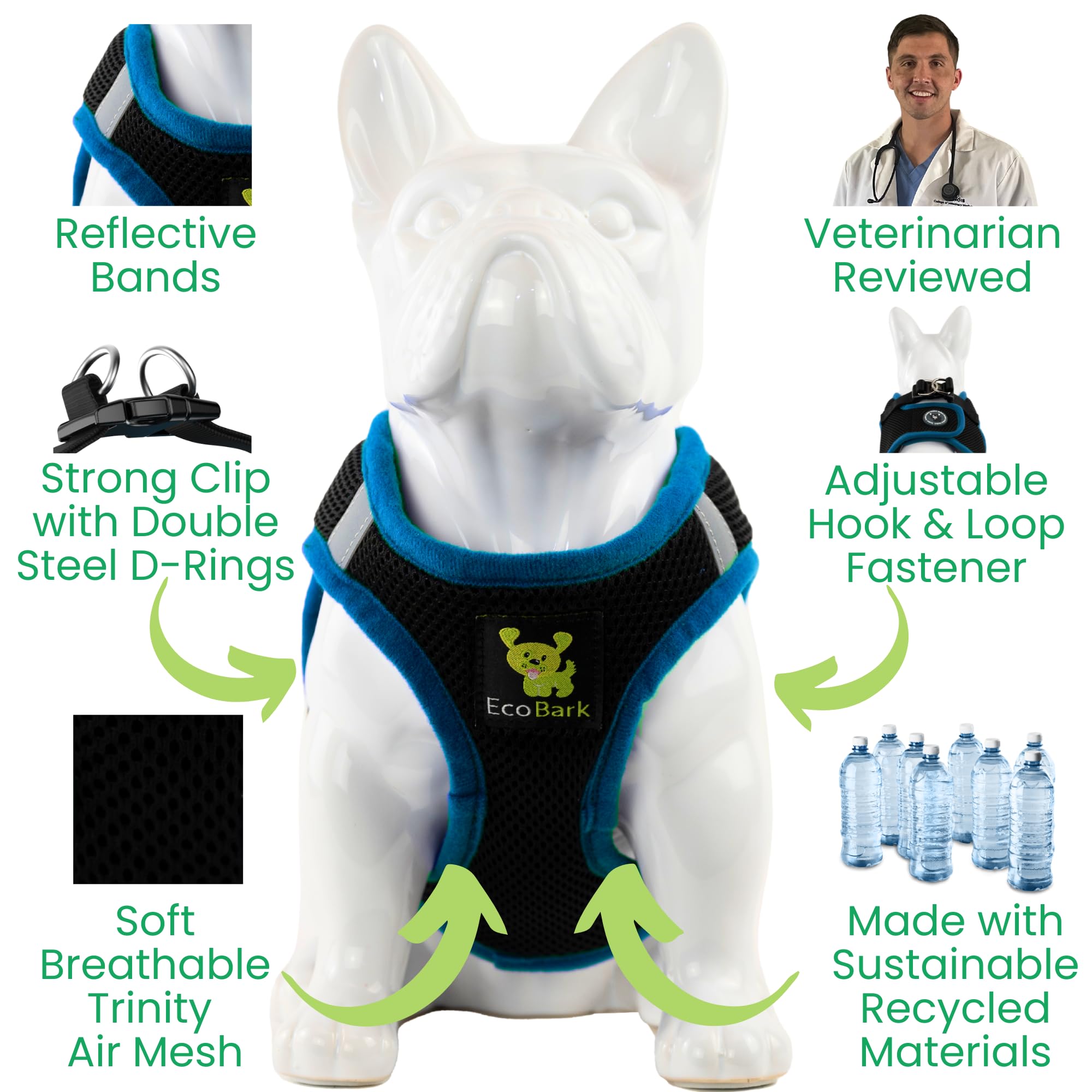 Ecobark Step In Dog Harness - Eco-Friendly Teacup Dog Harnesses For Xxs, Xs, And Small Dogs - Reflective And Adjustable Mini Body Halter Vest -Tiny Soft Mesh Toy Breed Harness (Black And Teal, Xxs)