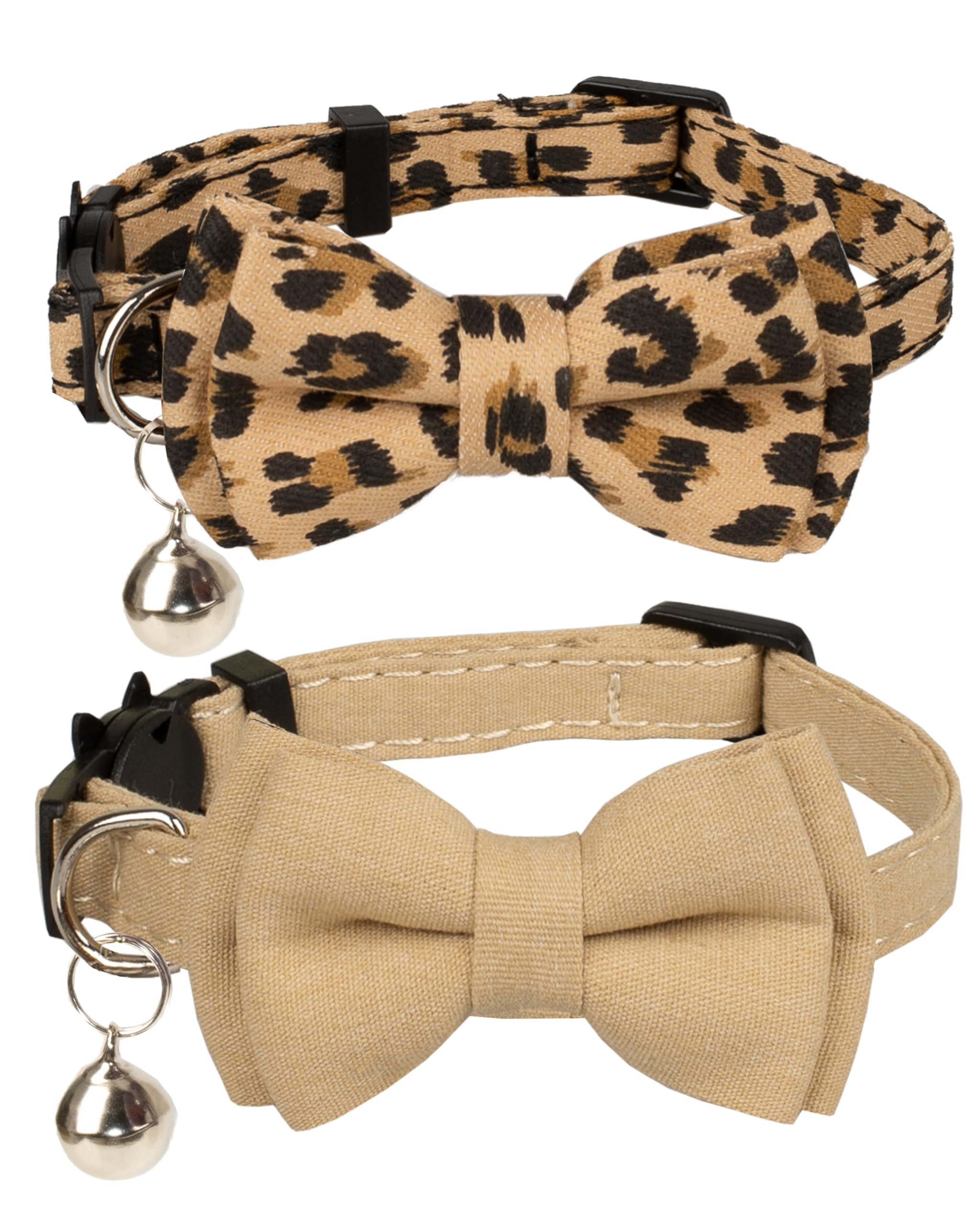 Gyapet Collar For Cats Pets Breakaway With Bell Bowtie Floral Bow Detachable Adjustable Safety Puppy 2Pcs Beige Leopard & Pure