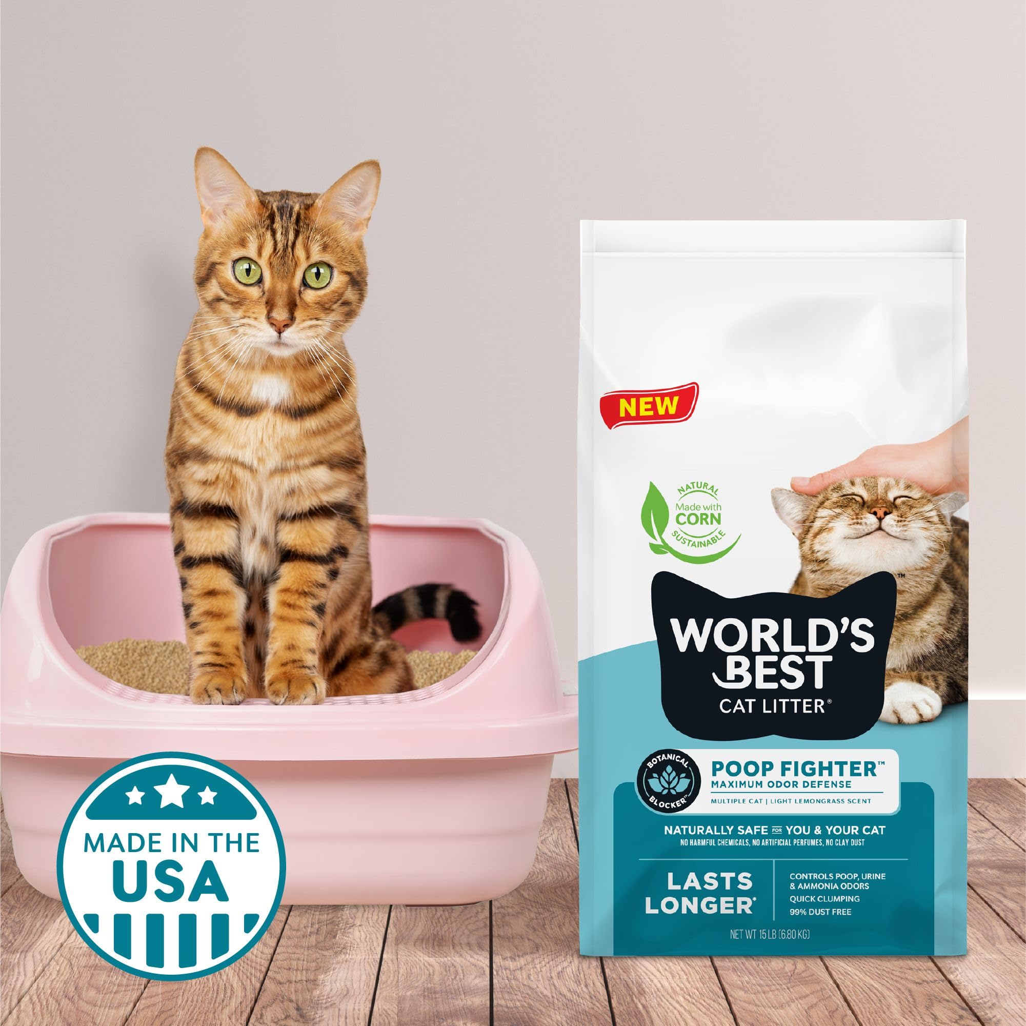 World'S Best Cat Litter Poop Fighter Maximum Odor Defense, 15-Pounds - Natural Ingredients, Quick Clumping, Flushable, 99% Dust Free & Made In Usa - Long-Lasting Odor Control & Easy Scooping