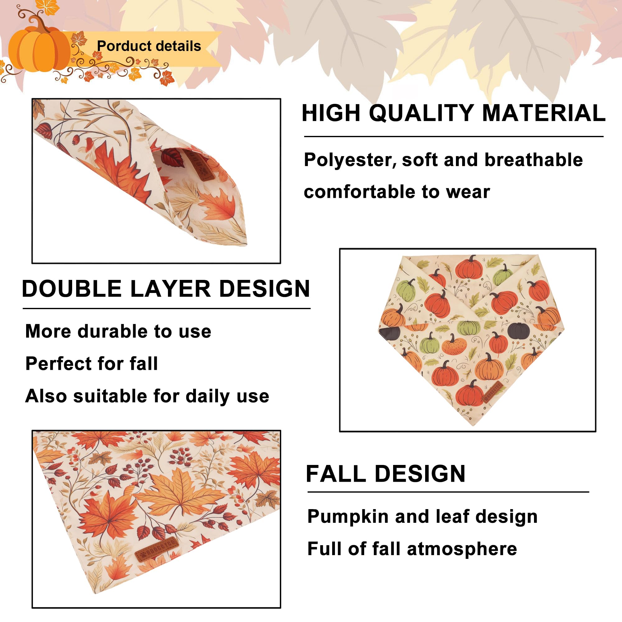 ADOGGYGO Fall Dog Bandana, Pumpkin Maple Leaf Autumn Thanksgiving Pet Scarf, Adjustable Fit Fall Bandanas for X-Large Dogs Pets