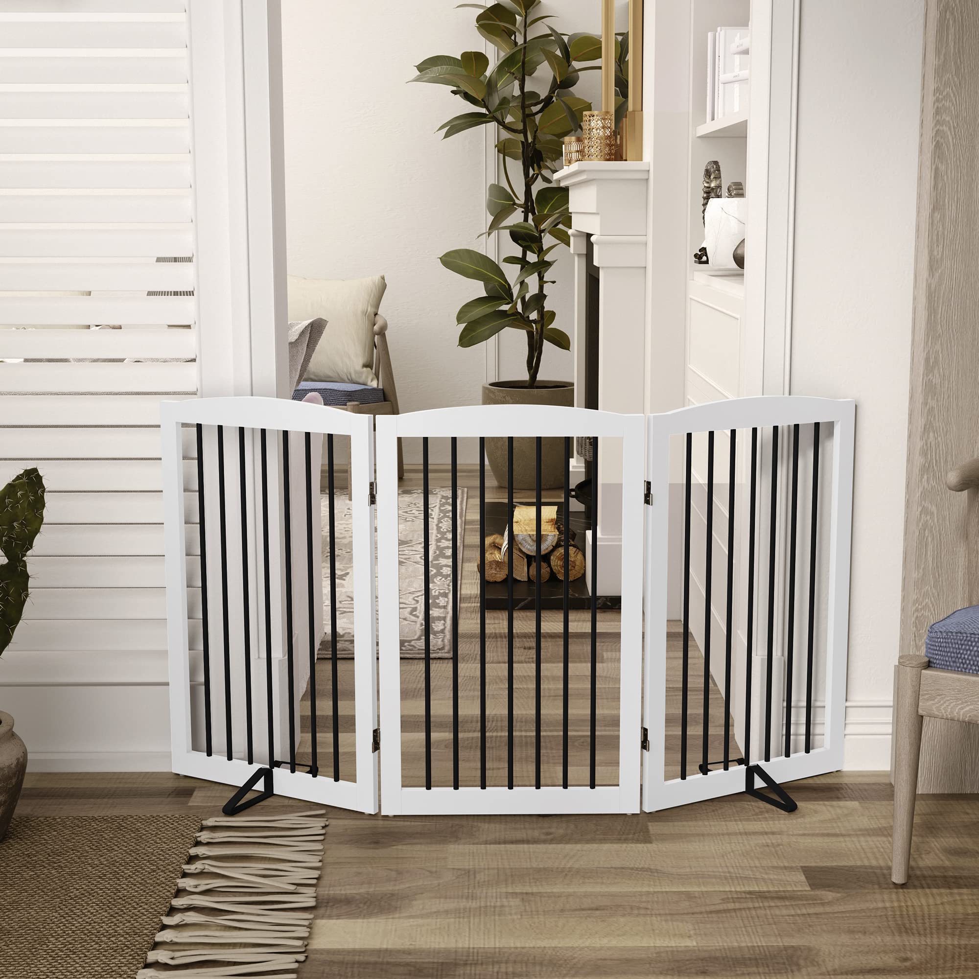 PUPETPO Freestanding Pet Gate for Dogs, Foldable Wooden Dog Gate for House Indoor, Tall Pet Fence for Stair, Doorway,Hall, Suppo