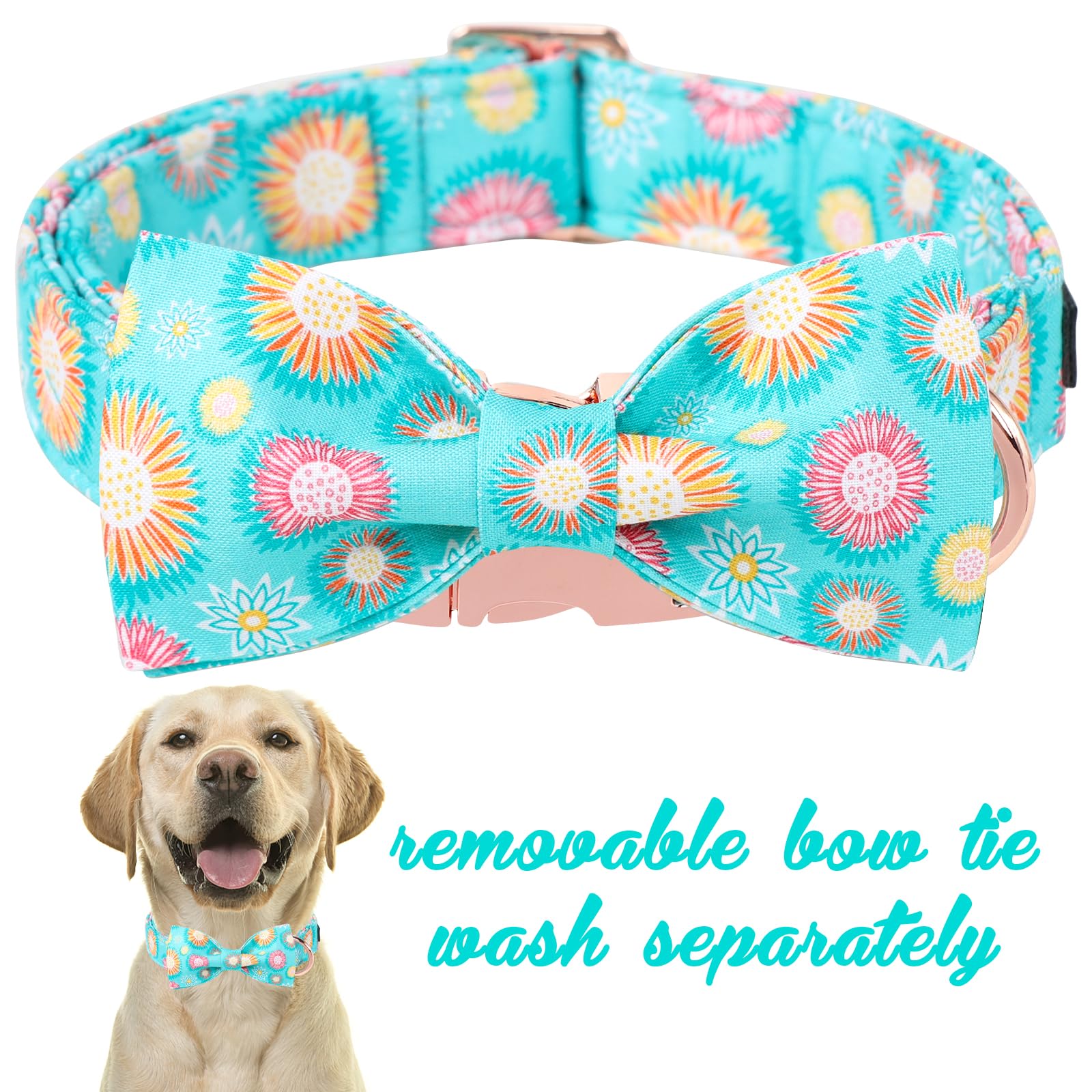 Unique Style Paws Summer Dog Collar With Bow, Cute Sunflower Bow Tie Dogs Collar,Blue Dog Bows For Girl,Boy Dogs,M,13.5-22In