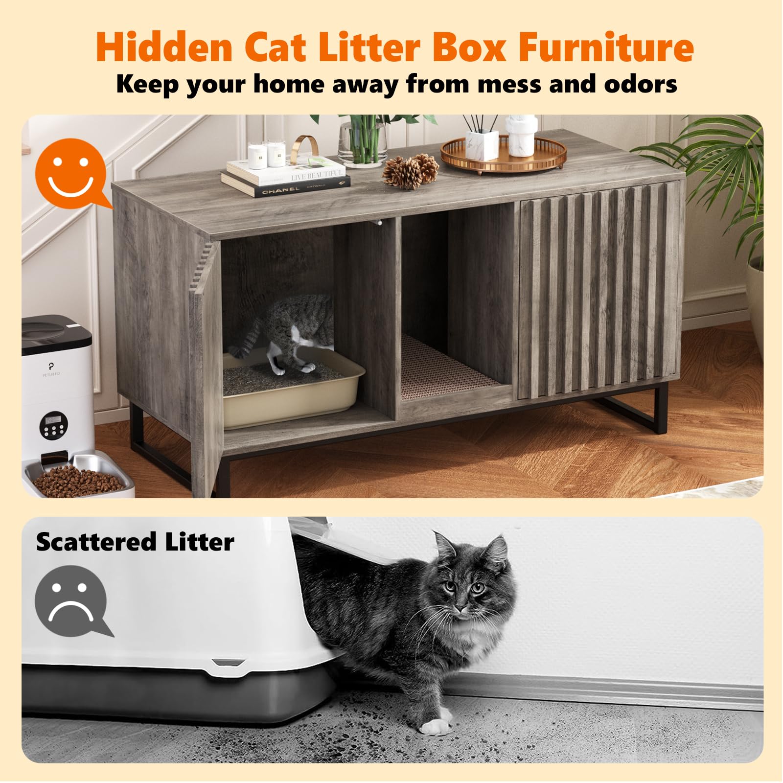 Double Litter Box Enclosure,Modern Cat Litter Box Enclosure For 2 Cats, Hidden Litter Box With Scratch Pad, Cat Washroom Pet Hou