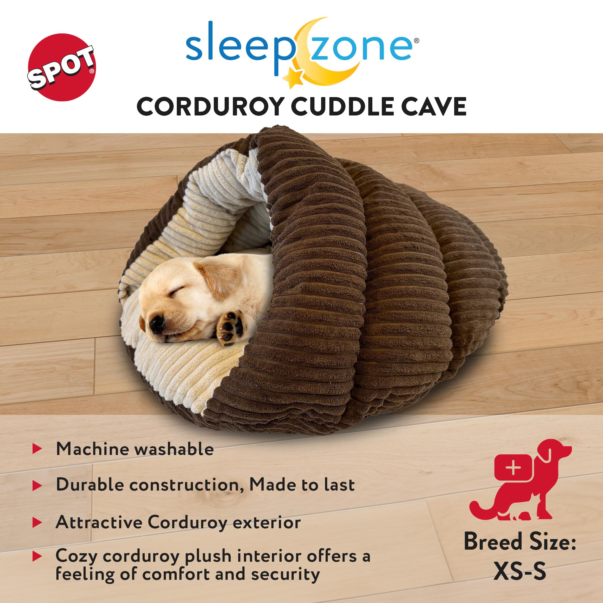 Spot Sleep Zone Cuddle Cave - Cat Cave Bed For Indoor Cats And Mini Dogs, Durable, Comfortable, Washable For Kittens And Puppies Under 10 Lbs And 12 Inches Long, Corduroy Brown