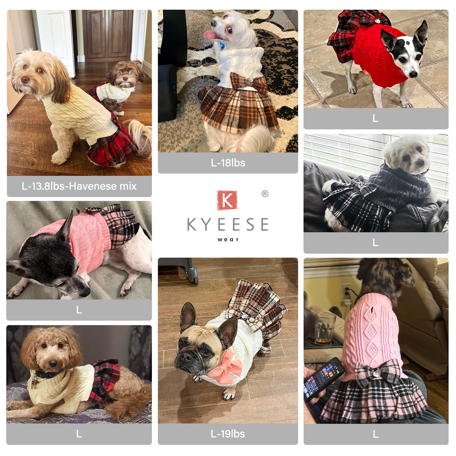 Kyeese Dog Sweater Dress With Bowtie Checkered Turtleneck Dog Sweaters For Small Dogs Warm Pet Sweater Knitwear Grey