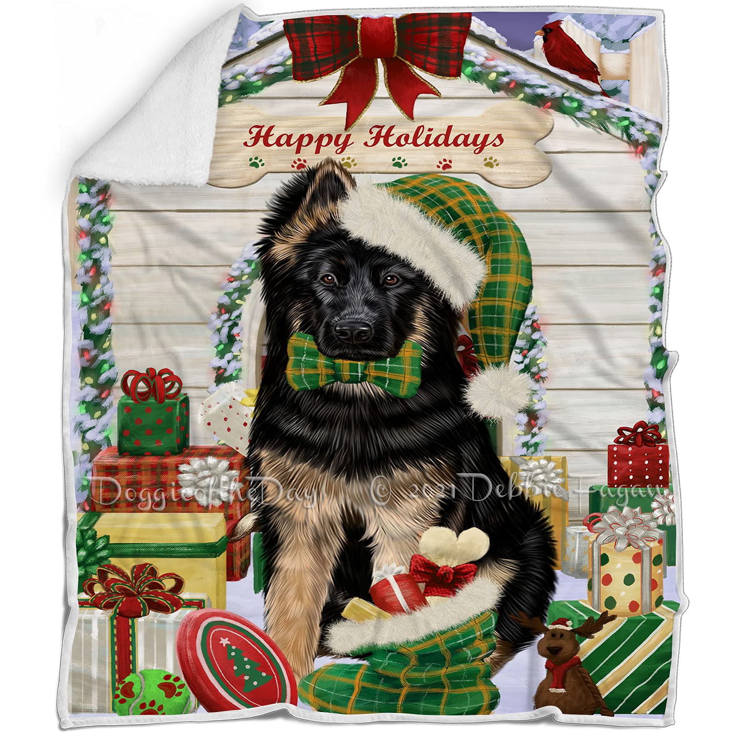 German Shepherd Dog Blanket  Christmas House with Presents  Super Soft & Warm Pet Theme for Sofa or Bed, Warm Fleece, Sherpa o
