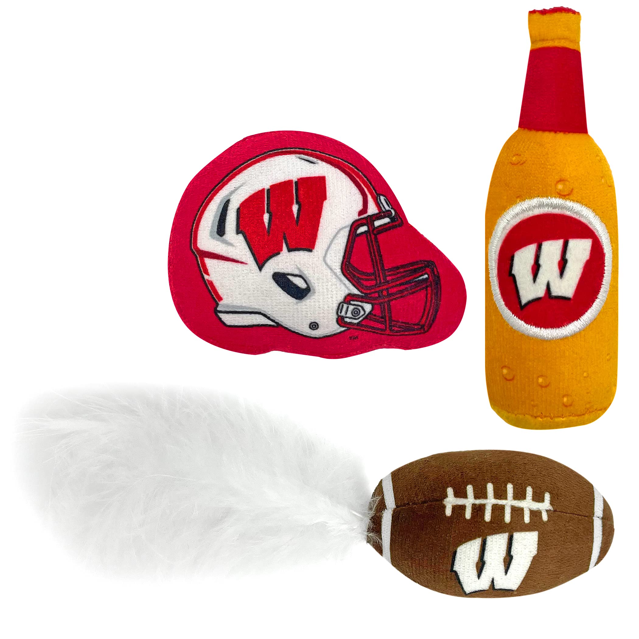 Best Plush Cat Toy - Ncaa Wisconsin Badgers Complete Set Of 3 Piece Cat Toys Filled With Fresh Catnip. Includes: 1 Helmet Cat Toy, 1 Football Cat Toy With Feathers & 1 Beer Bottle. Beautiful Team Logo