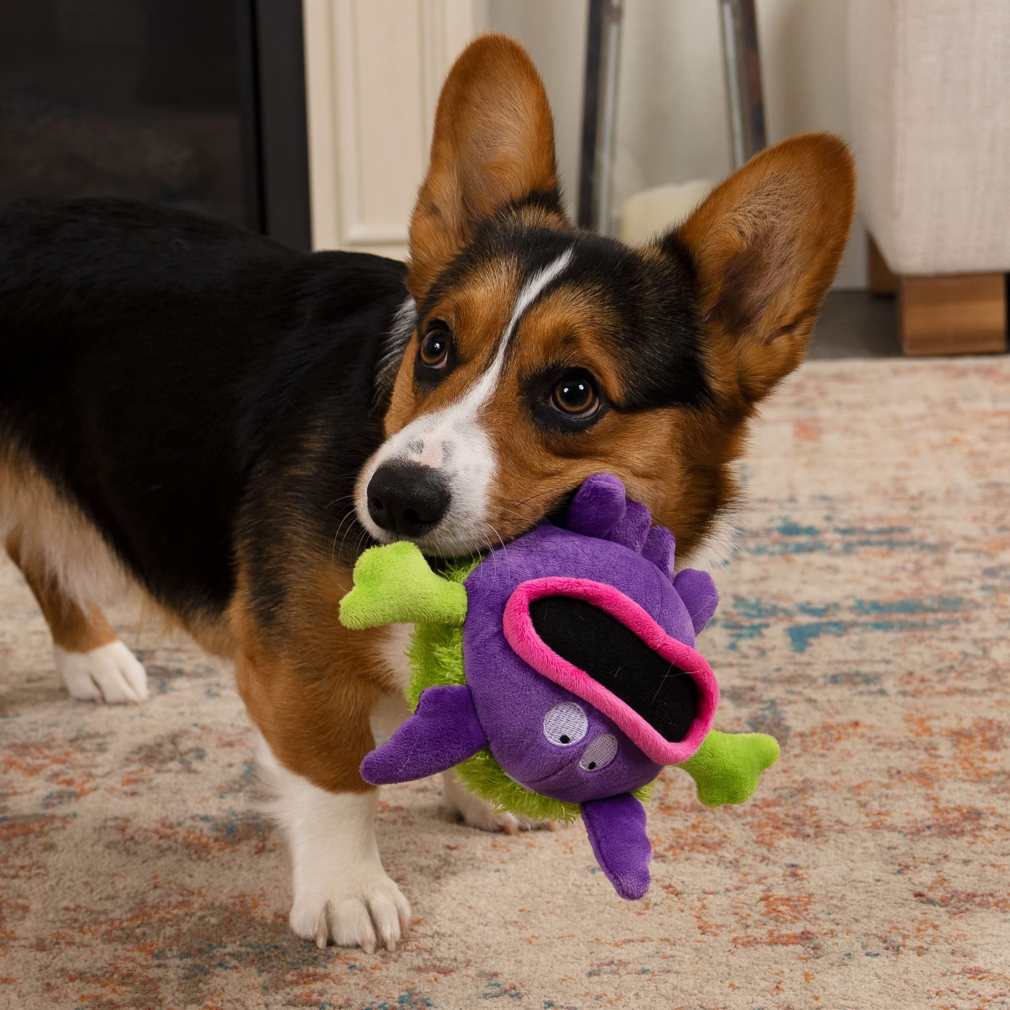 goDog PlayClean Germs Squeaky Plush Dog Toy with Odor-Eliminating Essential Oils, Chew Guard Technology - Purple, Small