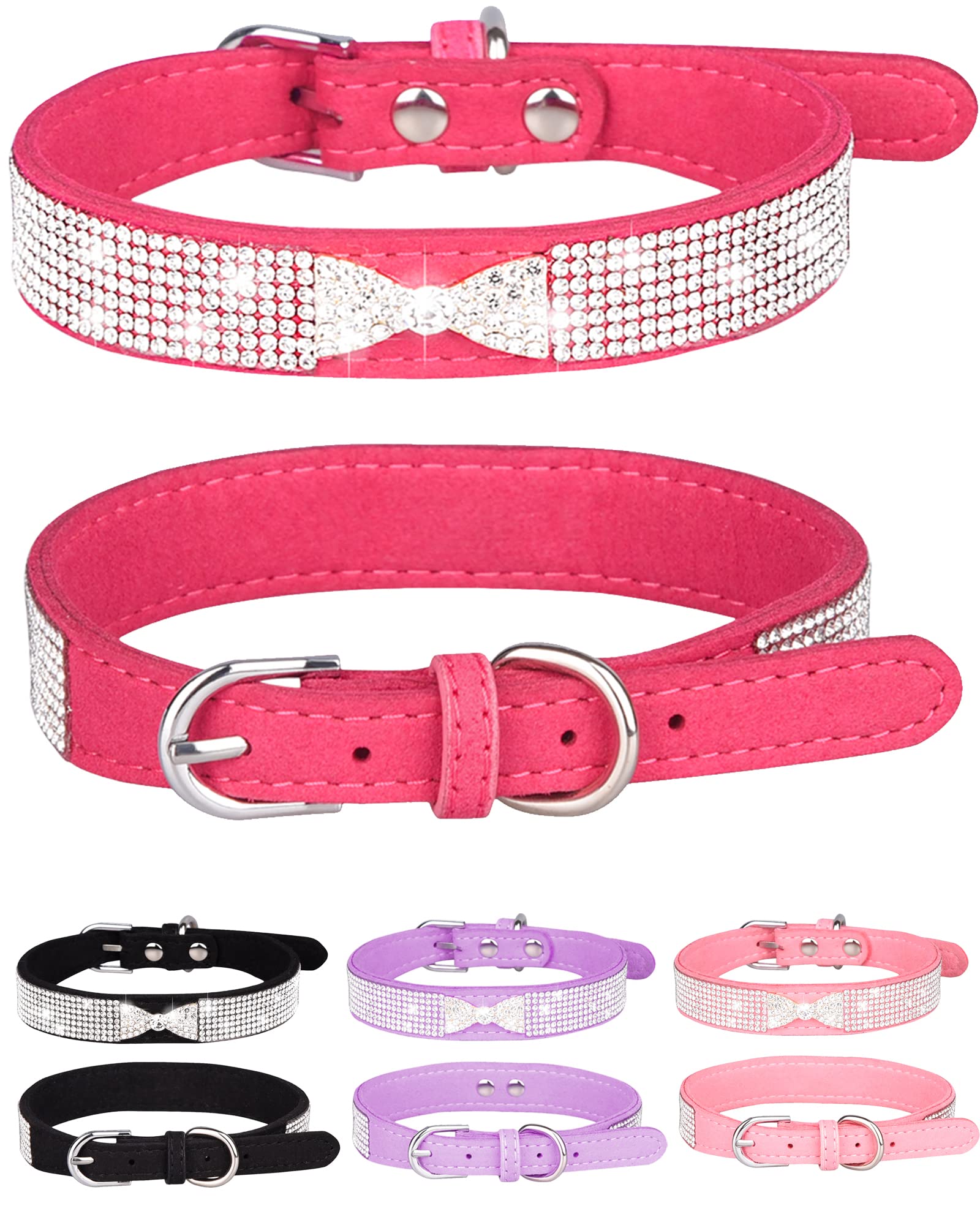 Dog Collar For Small Dogs, Adjustable Leather Suede Bling Dog Collars,Pink Dog Collar Cat Collar, Rhinestone Dog Collar (S, Rose