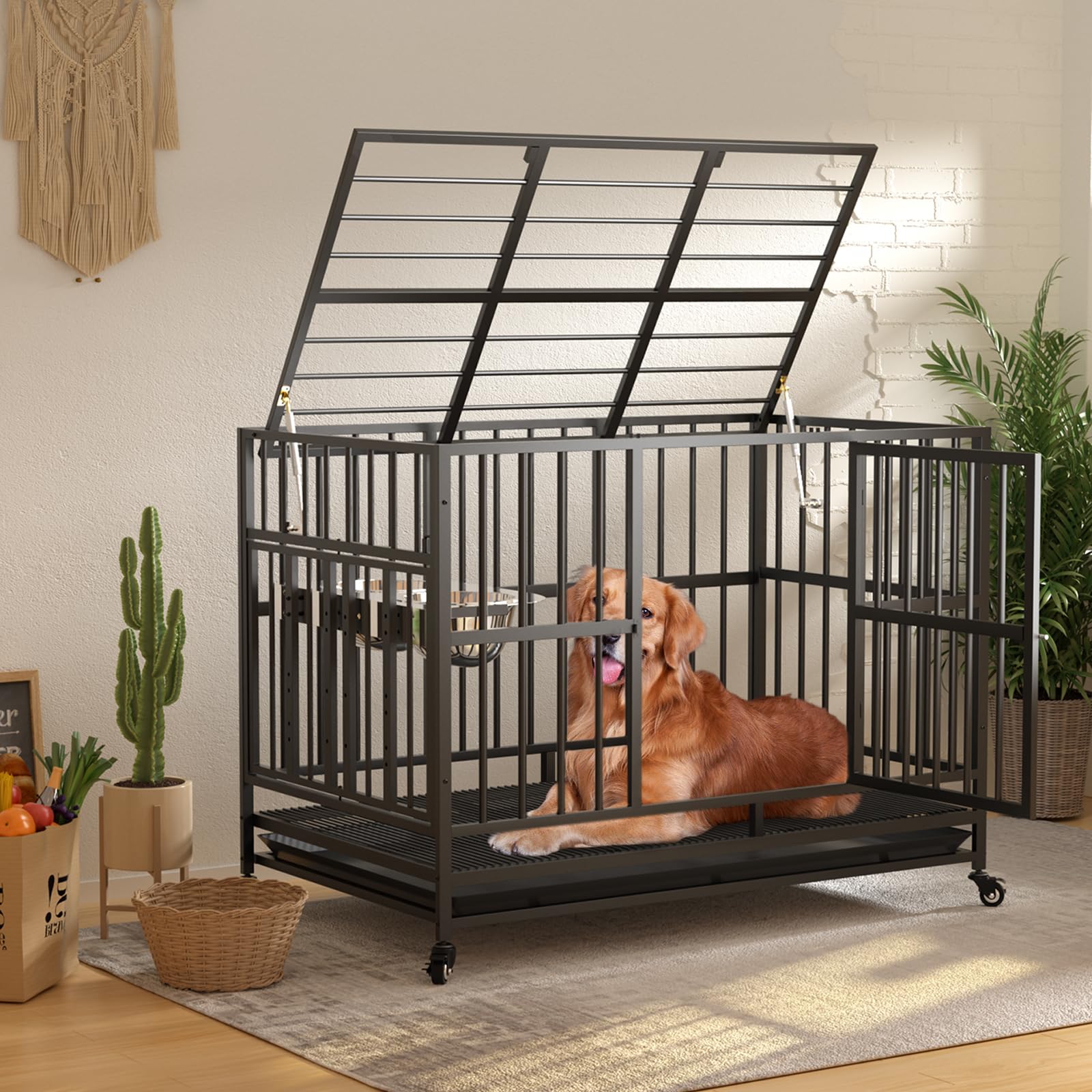 LOVMOR 43" Heavy Duty Dog Crate, Alloy Steel, Black, Adjustable Bowls, Model nvl00258