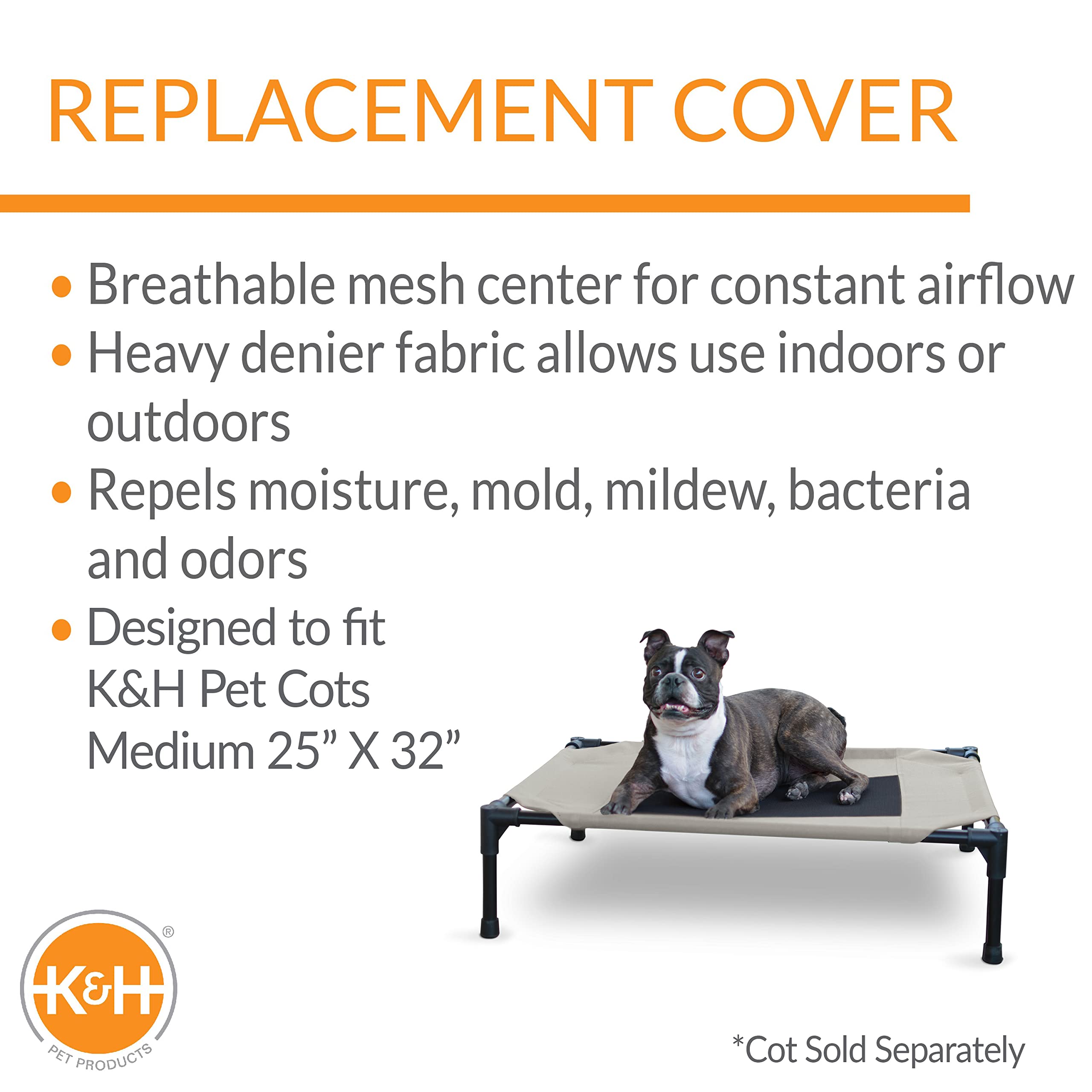 K&H Pet Products Original Pet Cot Replacement Cover (Cot Sold Separately) Taupe/Black Medium 32 X 25 Inches