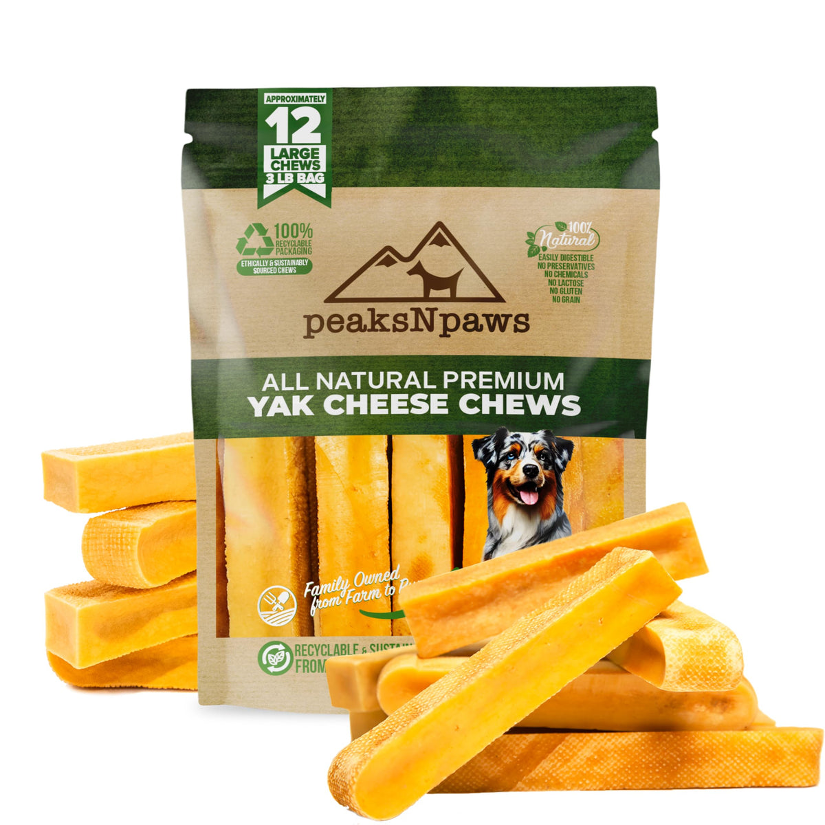 Peaksnpaws Premium Yak Cheese Dog Treats - Natural Yak Chews From Himalayan Mountains - Grain Free, Lactose Free - Easily Digestible, 100% Eco-Friendly Packaging (3 Lb. Bag)