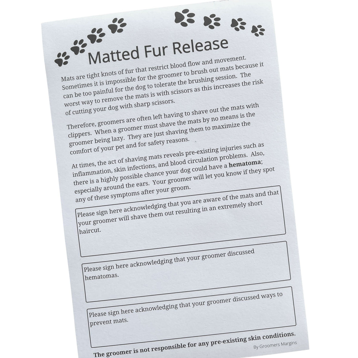 Matted Fur Release Forms For Dog Grooming Salons (Pad Of 100, 5.5 X 8.5 Inches) - Addressing Mats