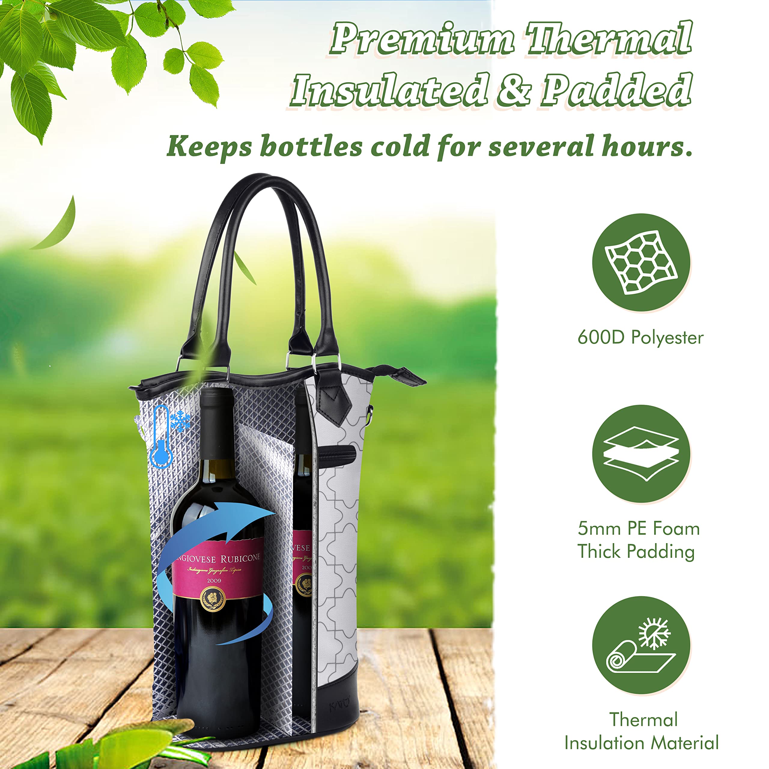 Tirrinia Insulated Wine Tote - Padded 2 Bottle Cooler Bag with Handle & Adjustable Strap, White - Perfect Gift for Wine Lovers