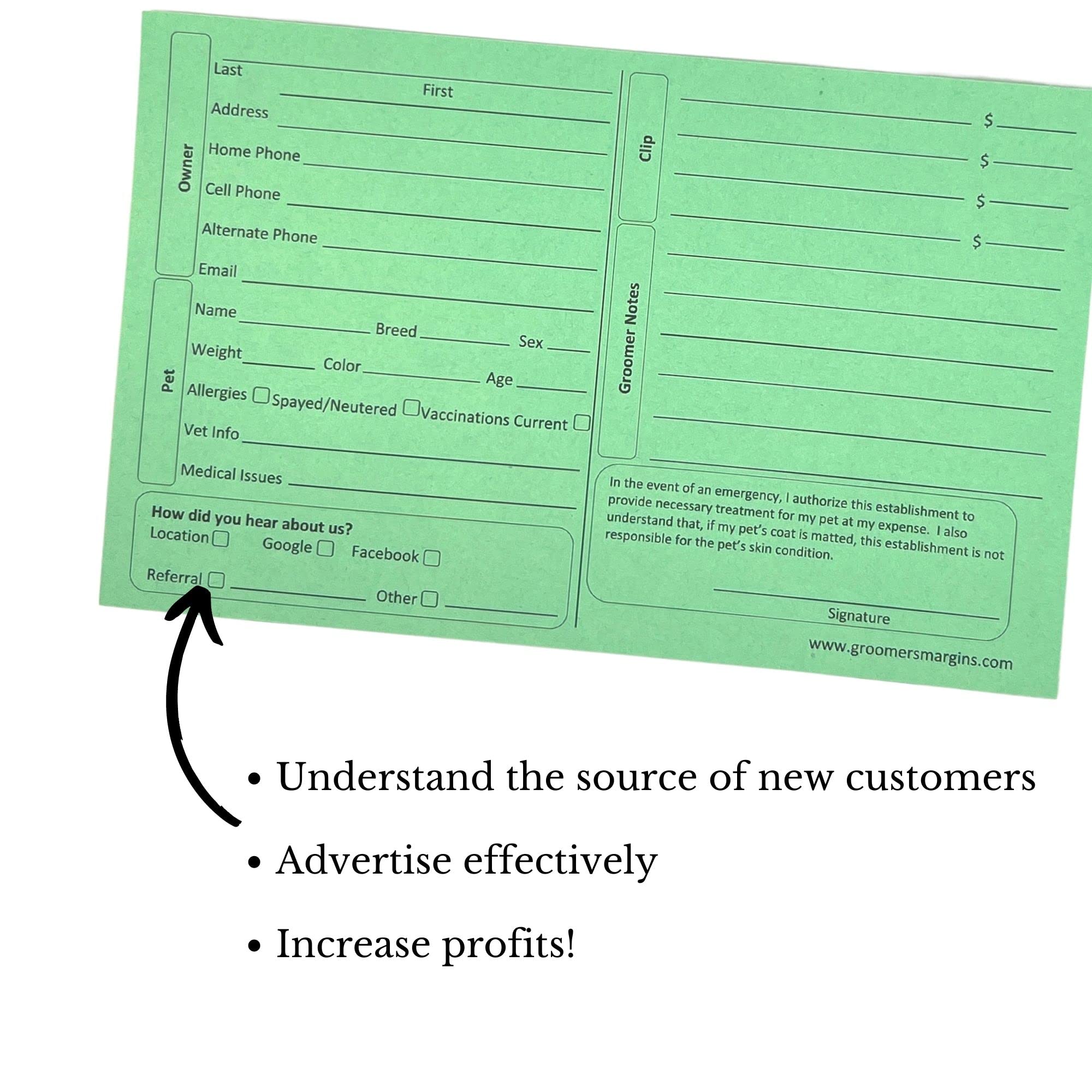 Groomers Margins Green Dog Grooming Cards 5x8 Inch (100 Pack) for Veterinarians, Pet Kennels, and Cat Grooming