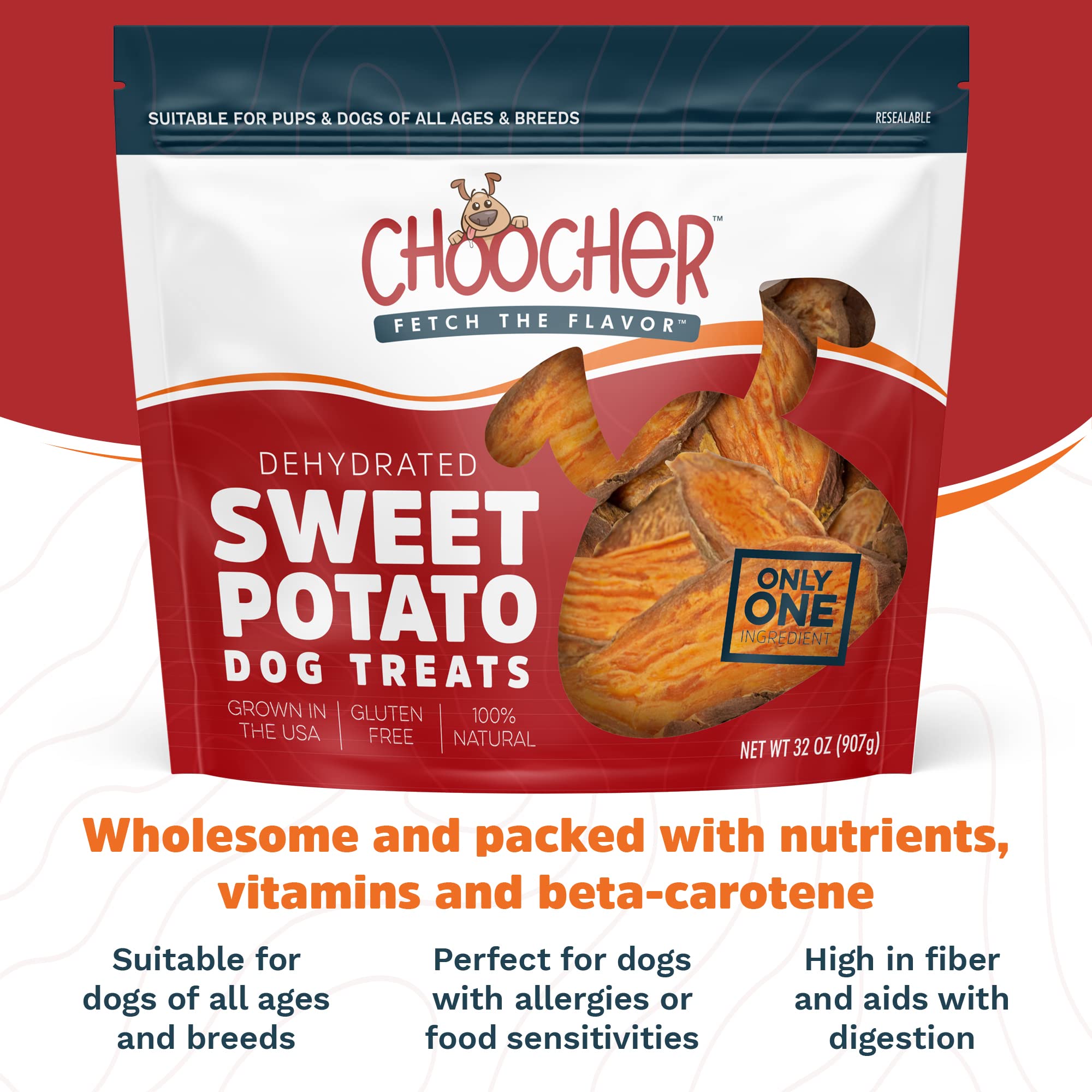 CHOOCHER Dehydrated Sweet Potato Dog Treats - High Fiber Gluten Free & Vegan Dental Chews for Small Medium Large Dogs - Made in