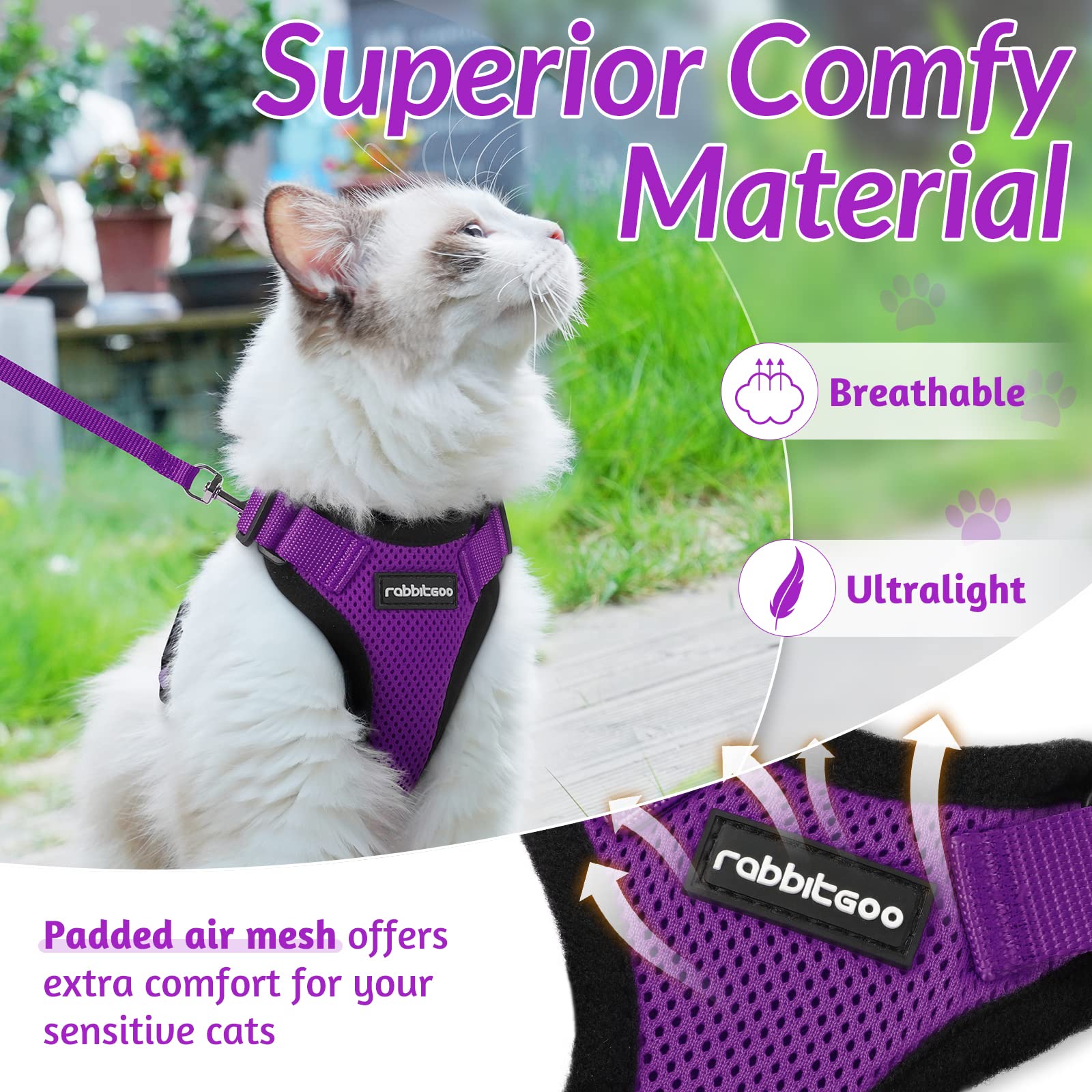 Rabbitgoo Cat Harness And Leash For Walking, Escape Proof Soft Adjustable Vest Harnesses For Cats, Easy Control Breathable Reflective Strips Jacket, Purple, Xs