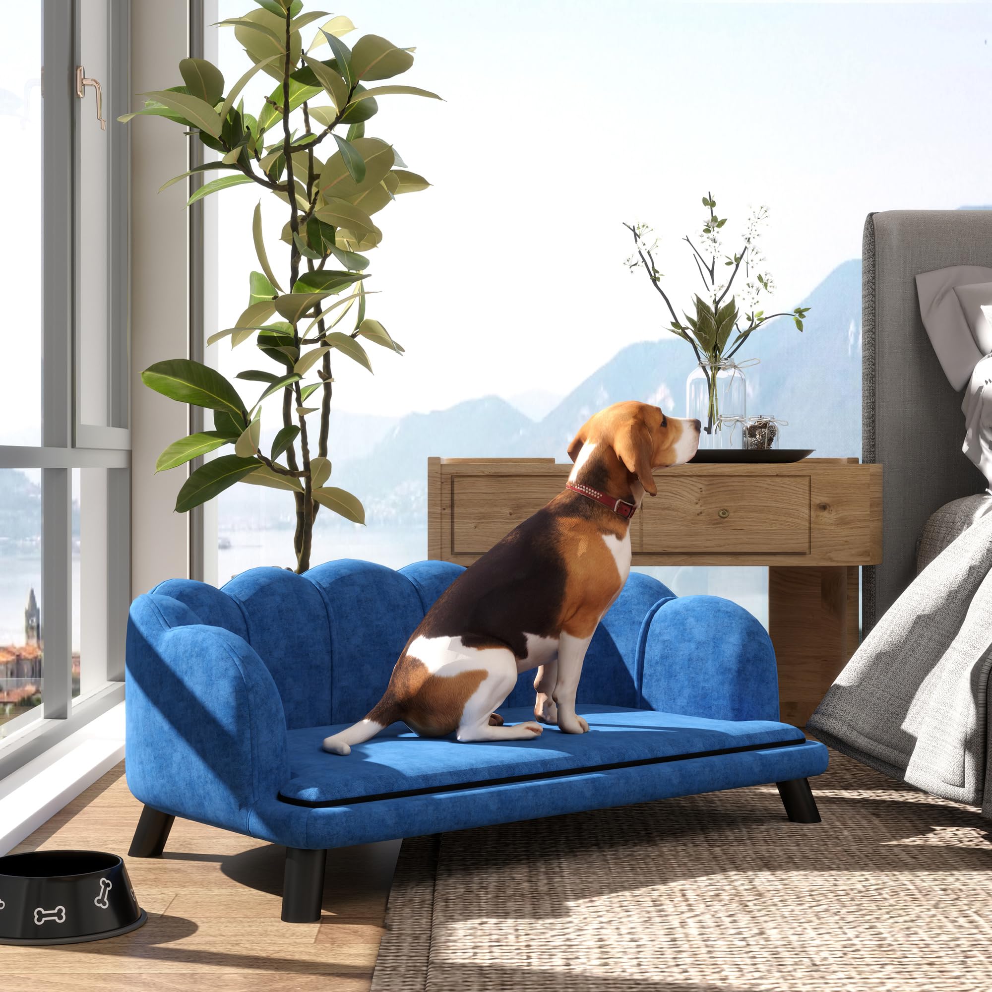 Pawhut Velvet Large Dog Couch With Foam Cushion, Soft And Cute Bed With Pearl Design, Sofa For Big And Medium Dogs, Dark Blue