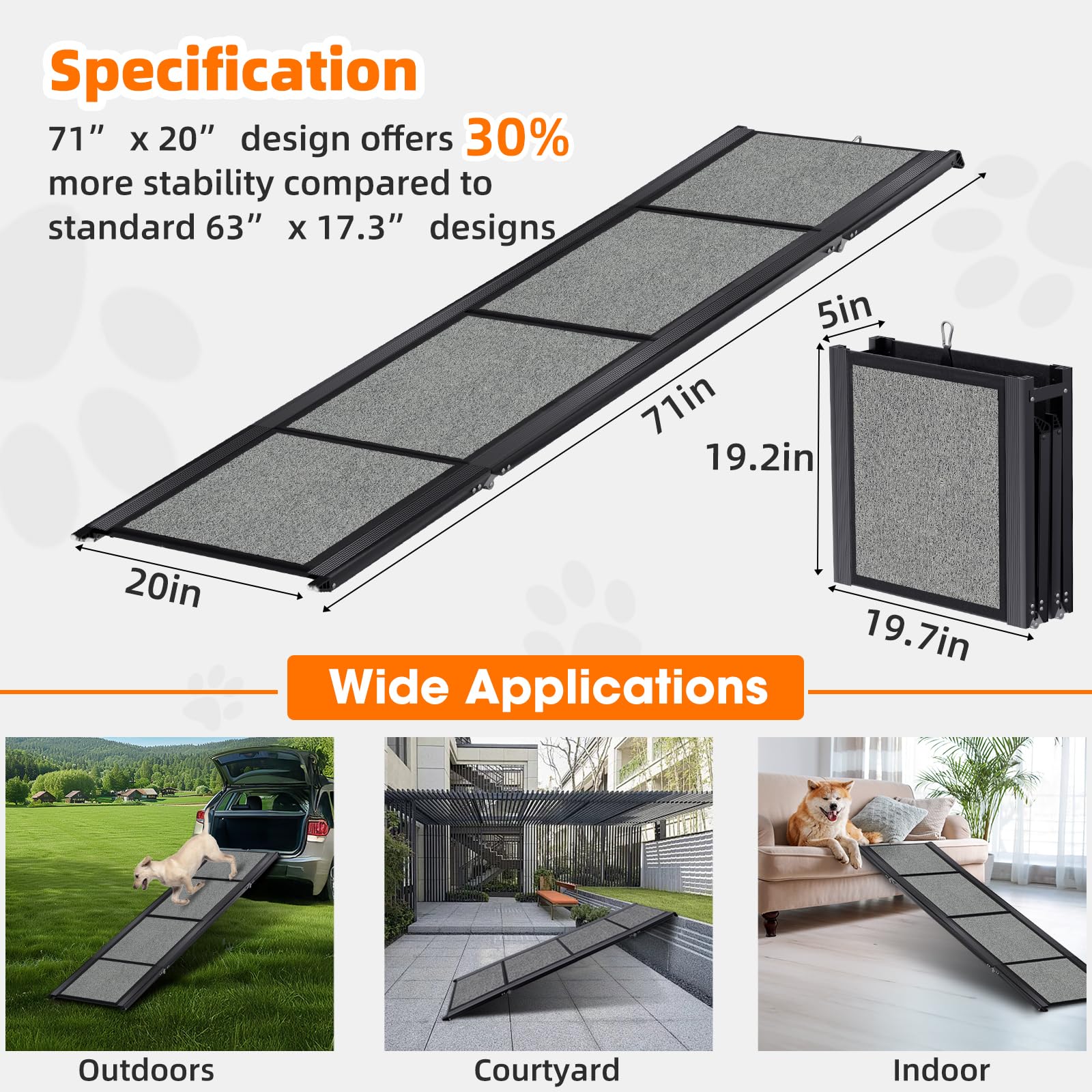 Ramp For Car 71''X20'' Large Folding Pet Stair For Truck, Suv, With Non-Slip Surface, Up To 250Lbs, Outdoor Car Ramp For Medium