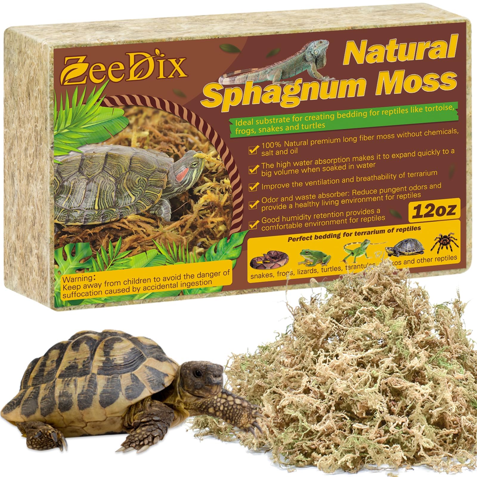 ZeeDix 12OZ Premium Sphagnum Moss for Reptiles, 20QT Dried Moss for Terrarium Long Fibered Leopard Gecko Moss Natural Sphagnum P