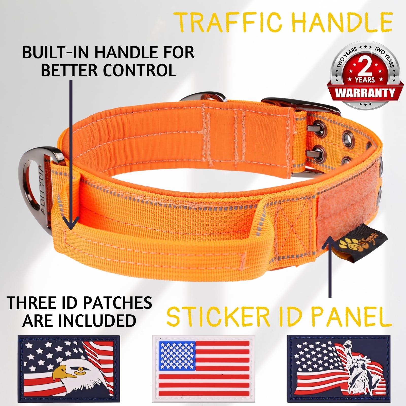 Adityna Heavy Duty Dog Collar For Medium Dogs - Reflective Orange Collar With Handle For Training, And Walking - Wide, Thick, Ta