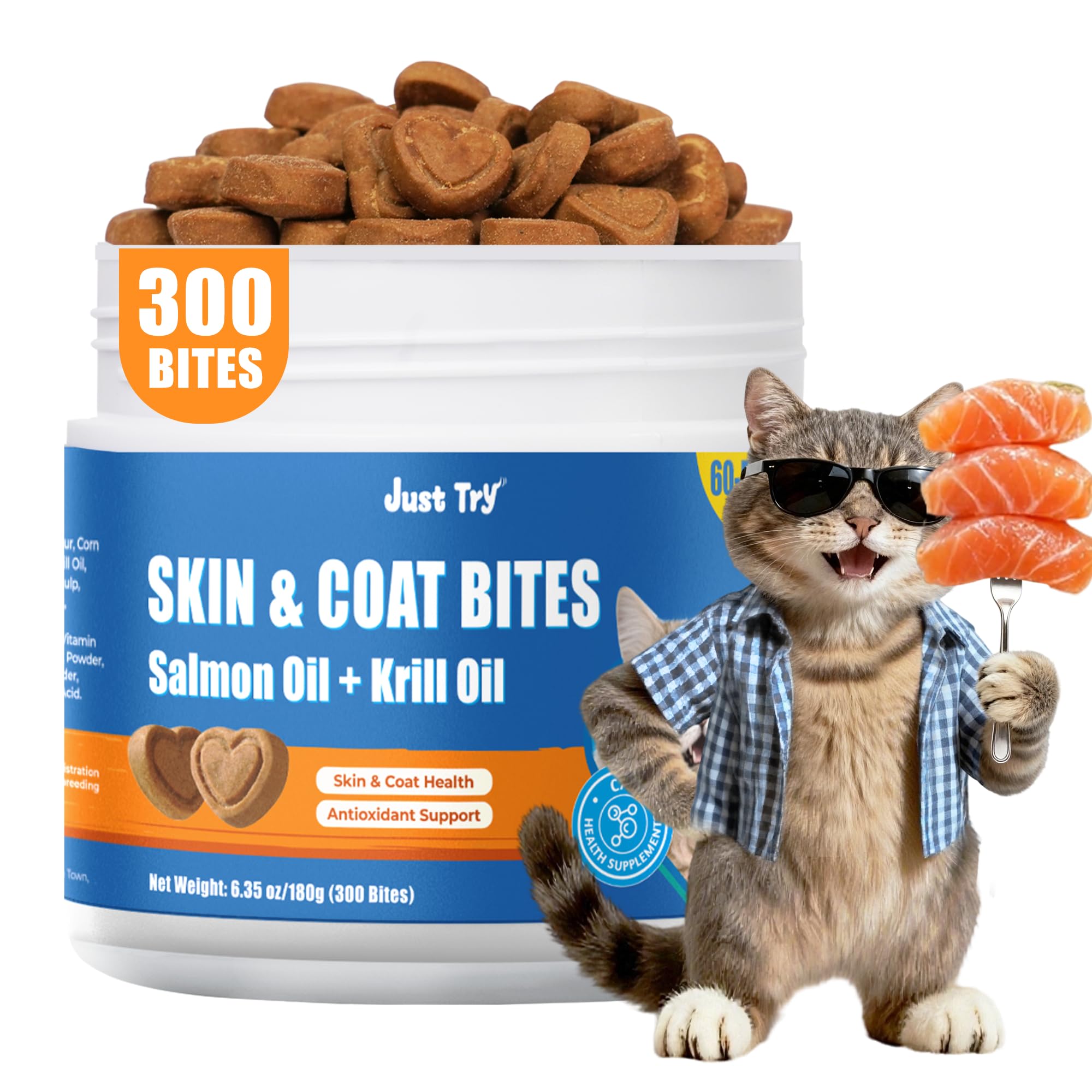 Just Try 300 Bites Skin and Coat Healthy Cat Vitamins for Indoor Cats Omega 3 for Cats Salmon Oil Supplements- Cat Itchy Skin Re